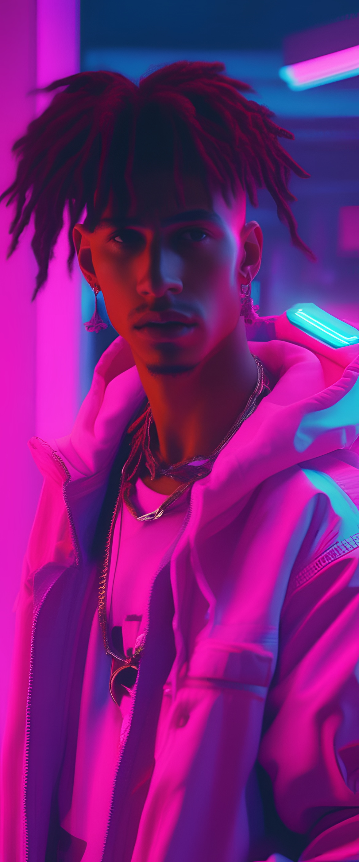 NLE Choppa in a vibrant vaporwave aesthetic.