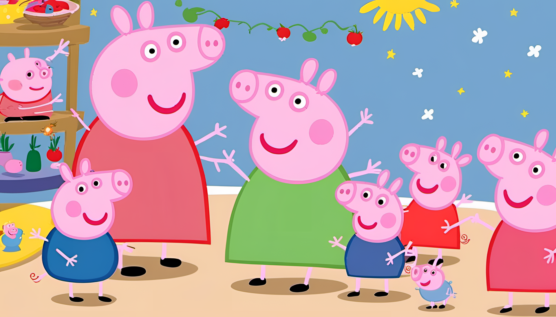 Peppa Pig standing with a smile, wearing a red dress in a nature background.