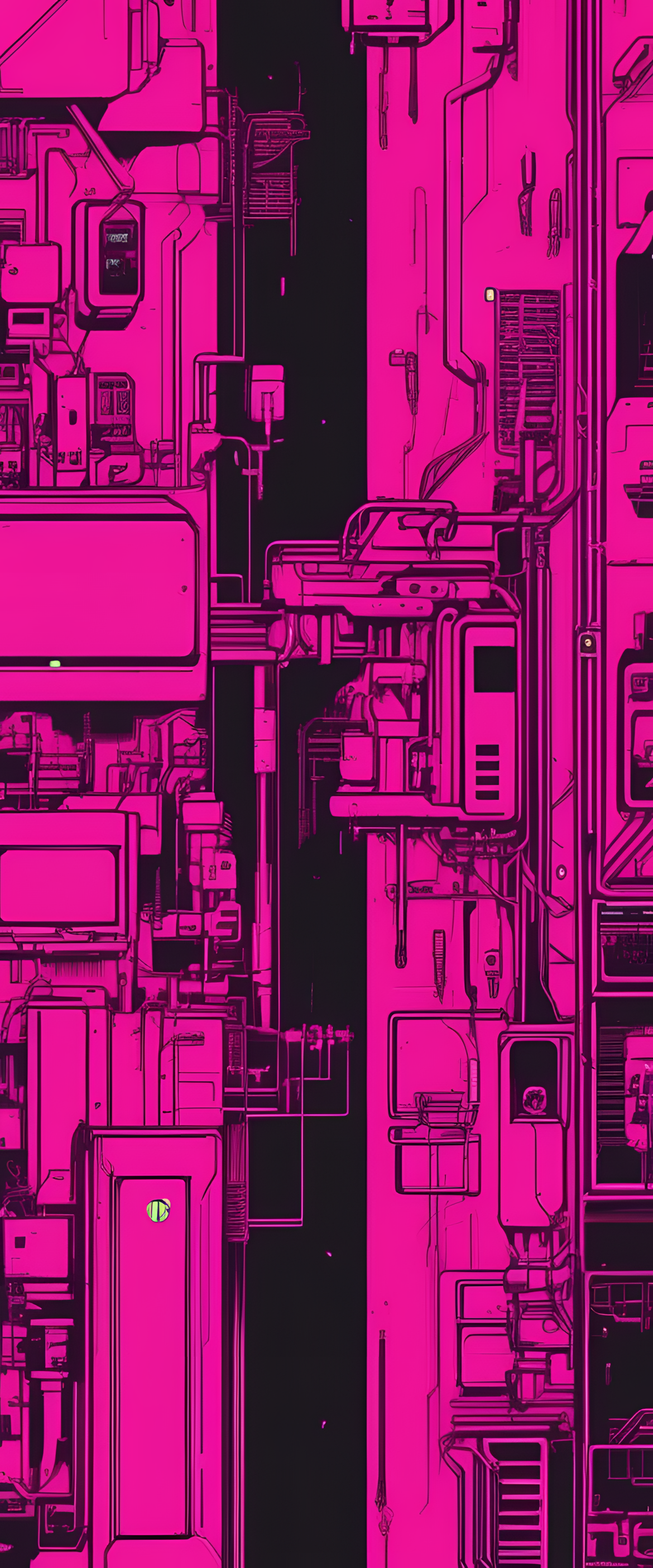 Cyberpunk-inspired pink background with vibrant patterns.