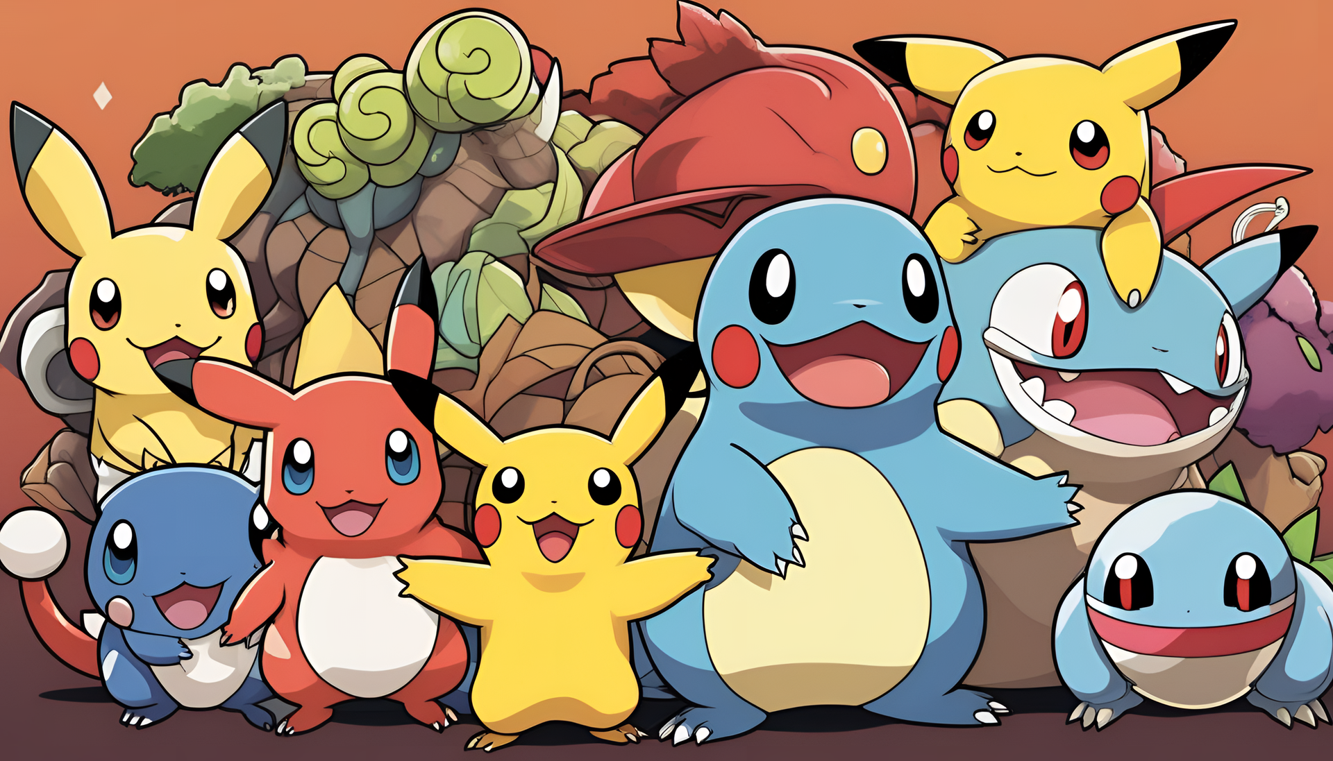 Playful Pikachu surrounded by various Pokémon in a vibrant and humorous desktop wallpaper.