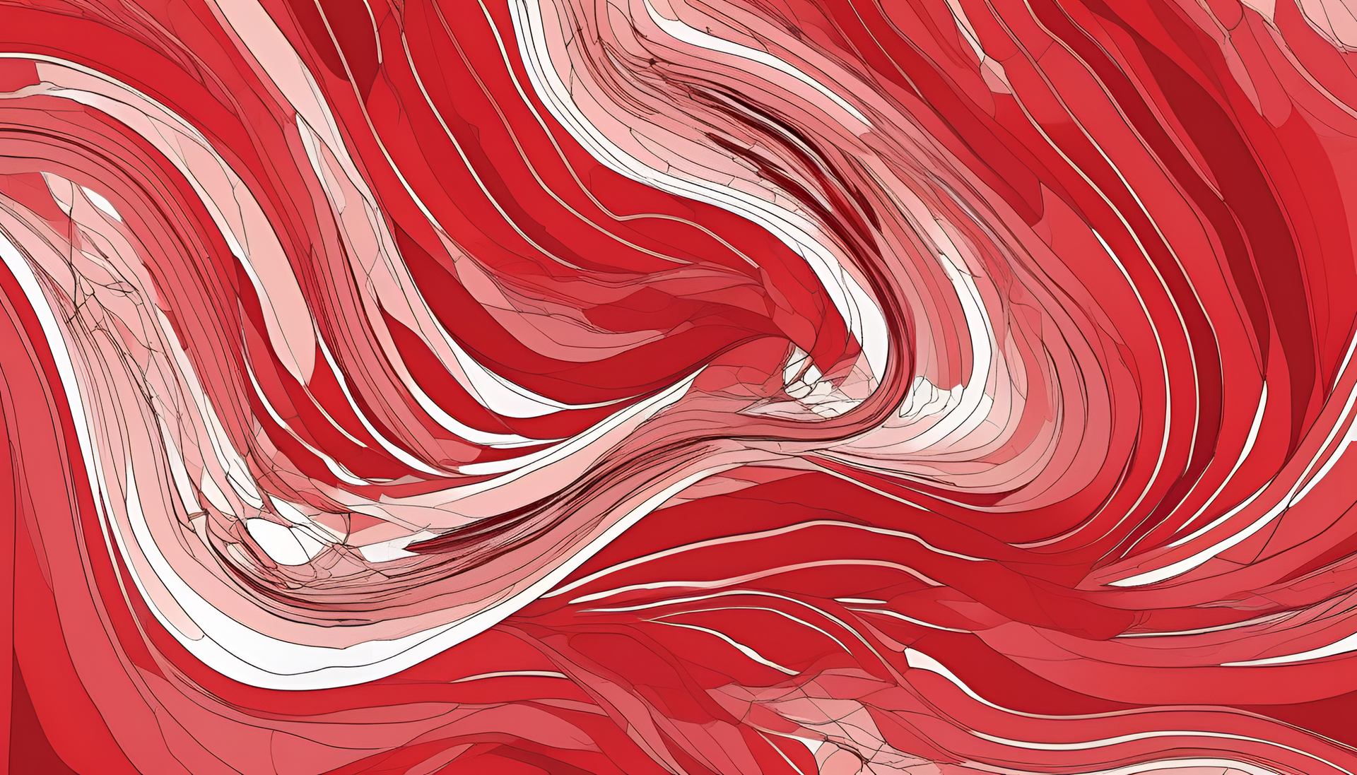 Vivid crimson background with abstract patterns.