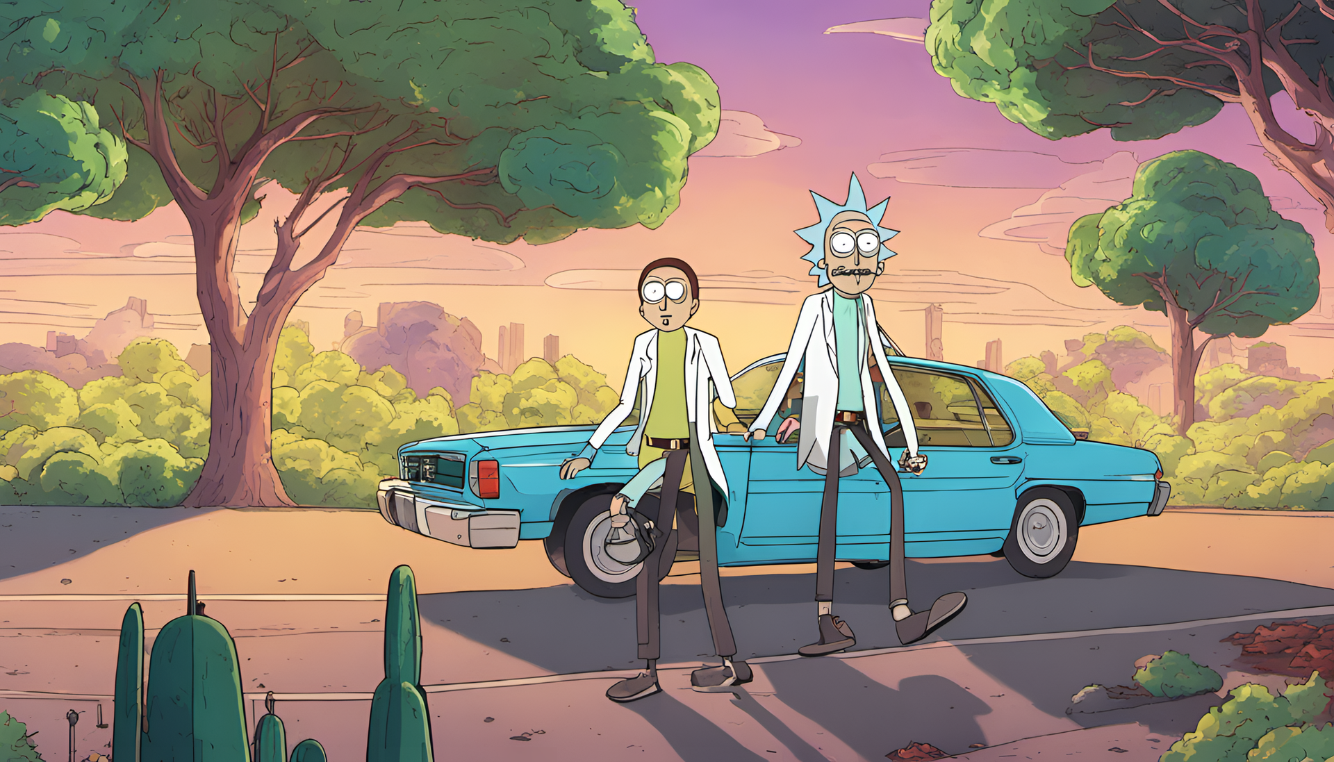 Rick and Morty in a stylized photoshoot