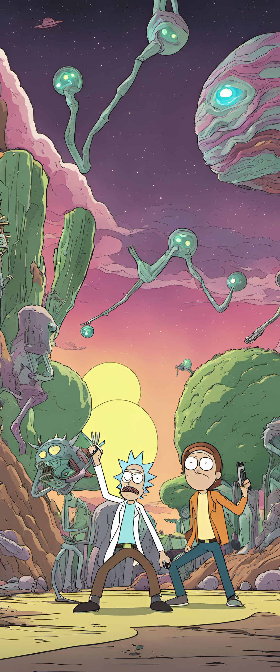 Rick and Morty characters in a vibrant phone wallpaper.