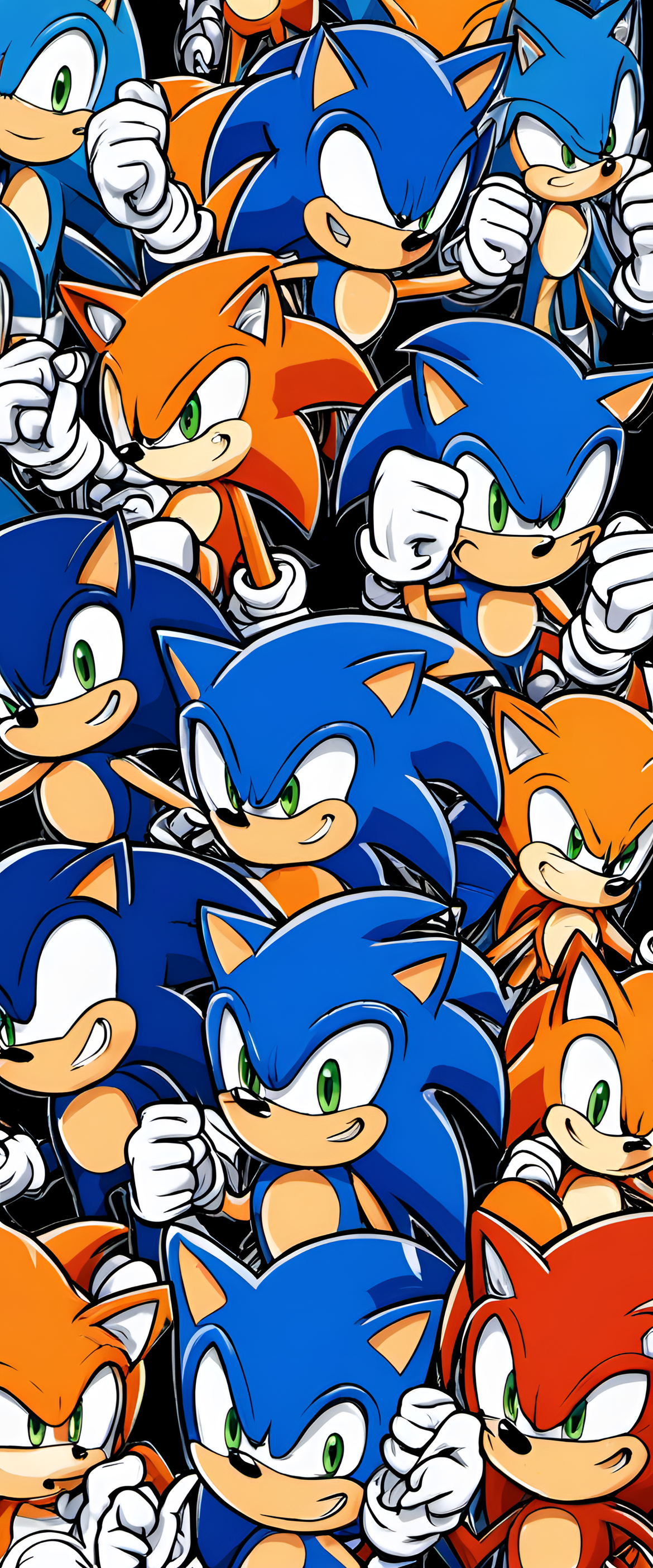 Sonic the Hedgehog against a vibrant blue and orange background.