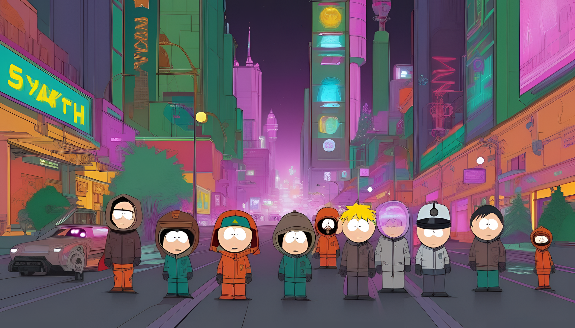 Futuristic South Park cityscape.