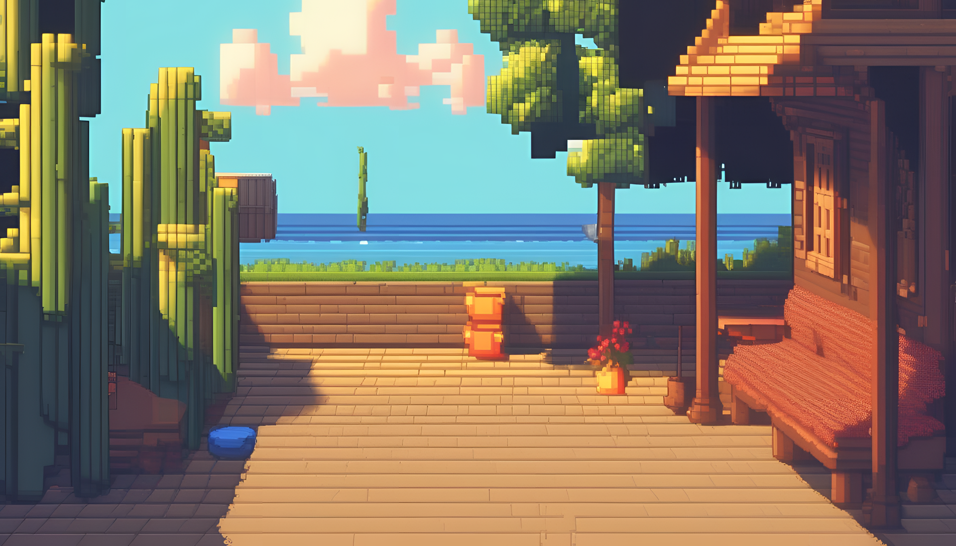 Vibrant pixel art summer scene with cinematic lighting