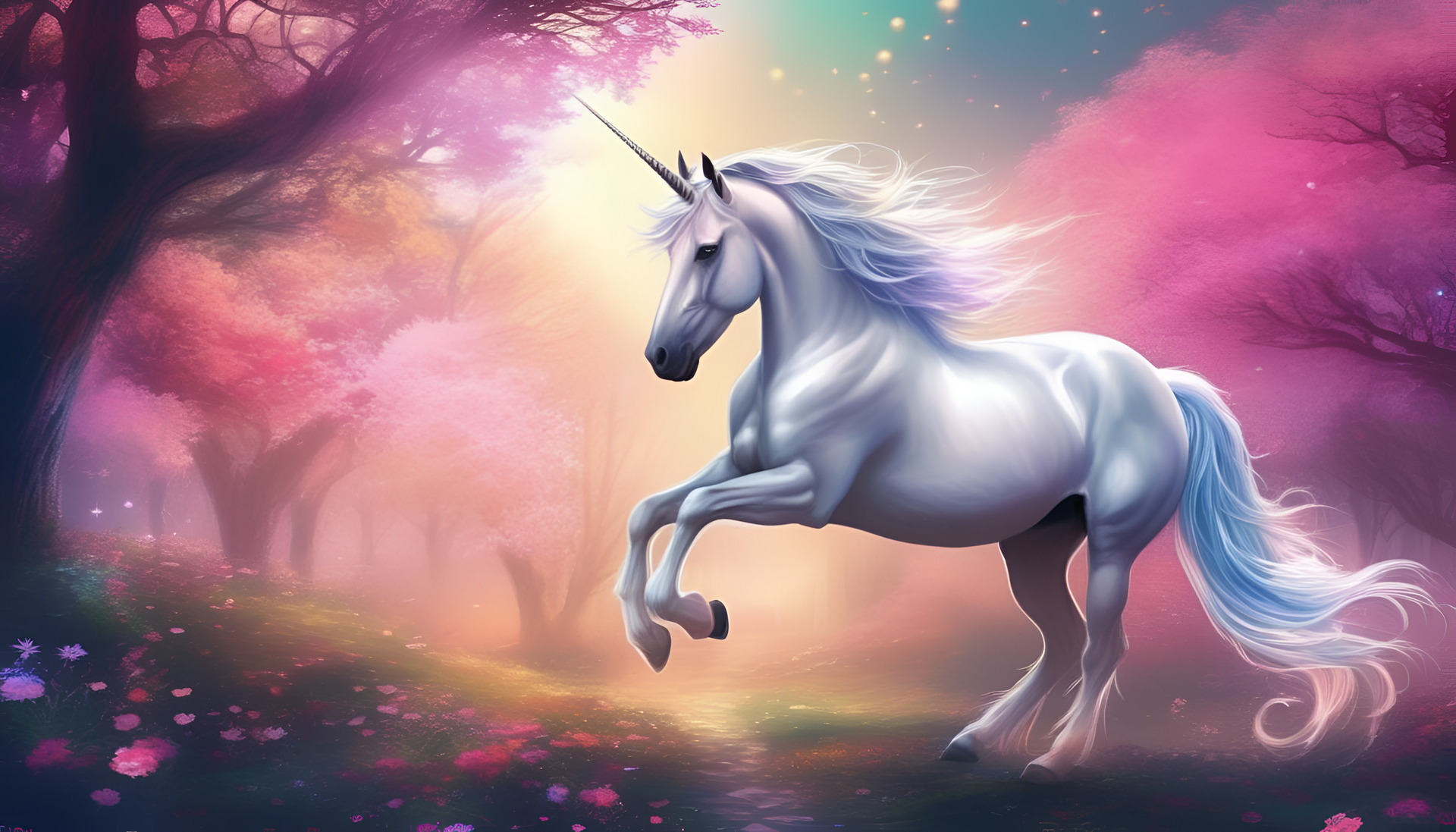 Graceful unicorn galloping through a vibrant, enchanting landscape.