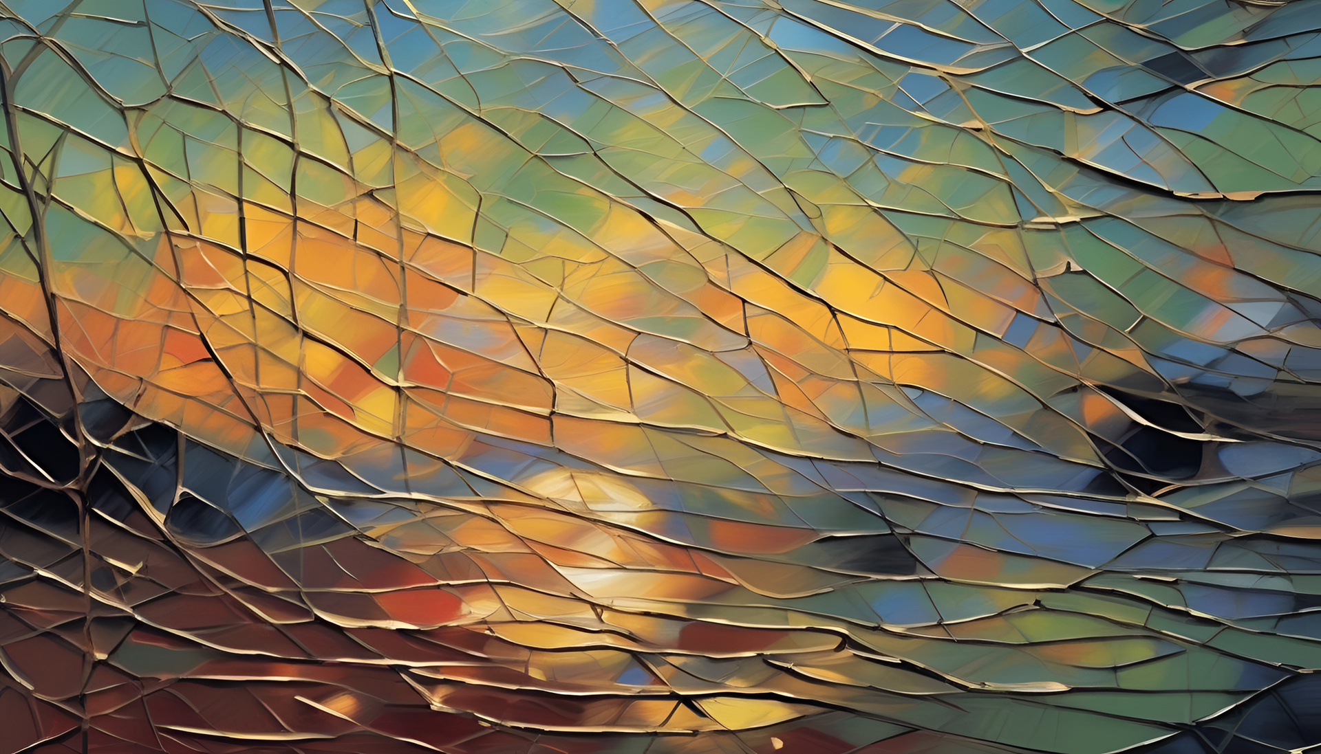 Cracked glass patterns as a dynamic impressionist desktop wallpaper.