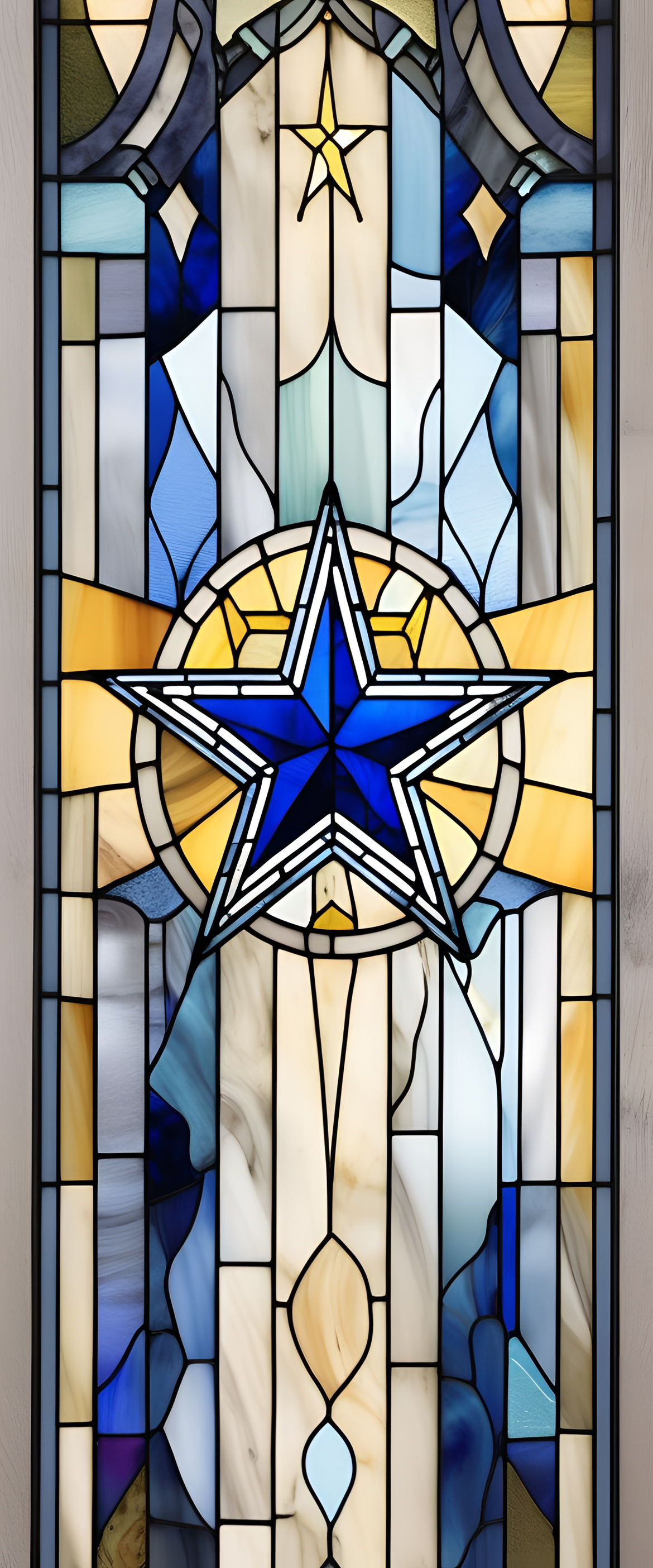 Dallas Cowboys stained glass art against pastel backdrop.