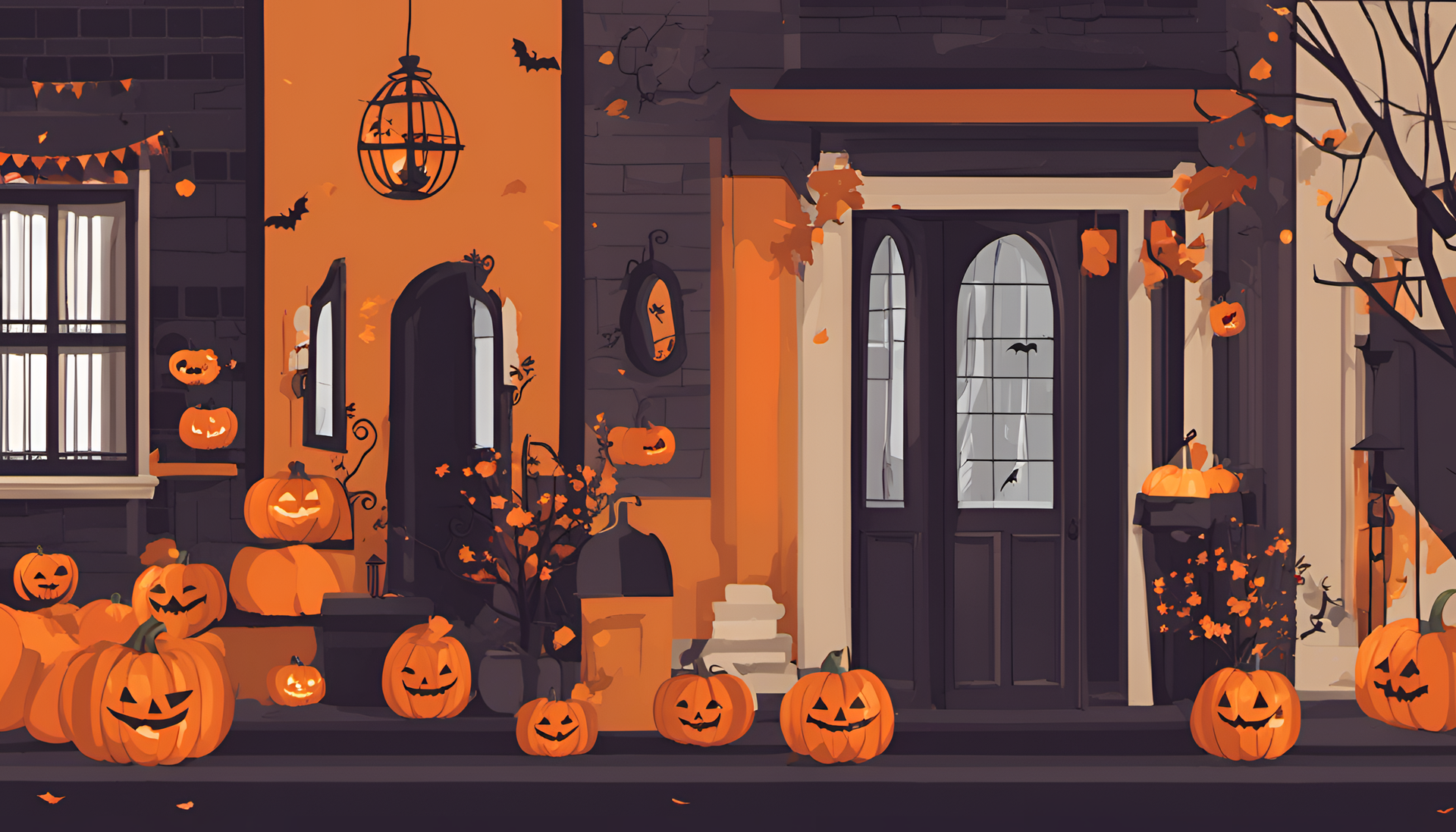 Cute Halloween characters surrounded by vibrant colors.