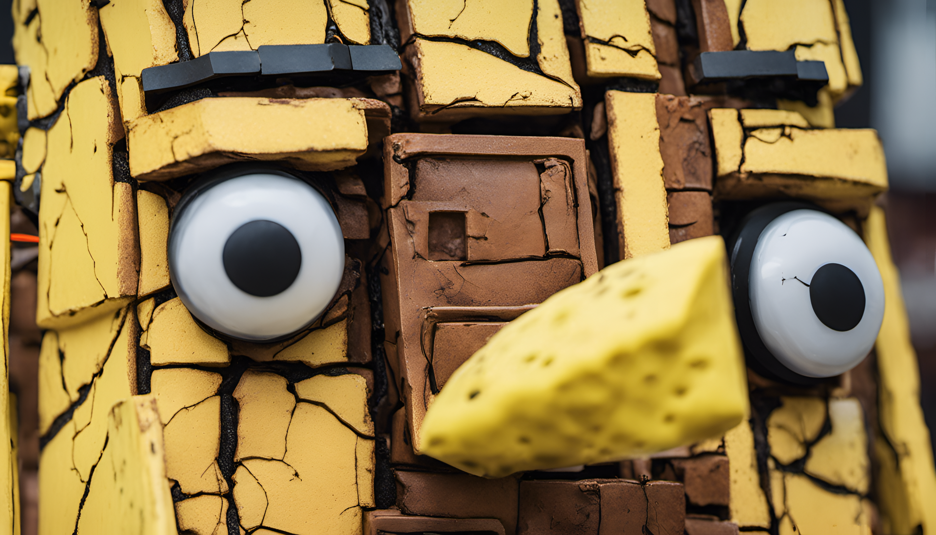 Cracked robotic sculpture headshot of Spongebob