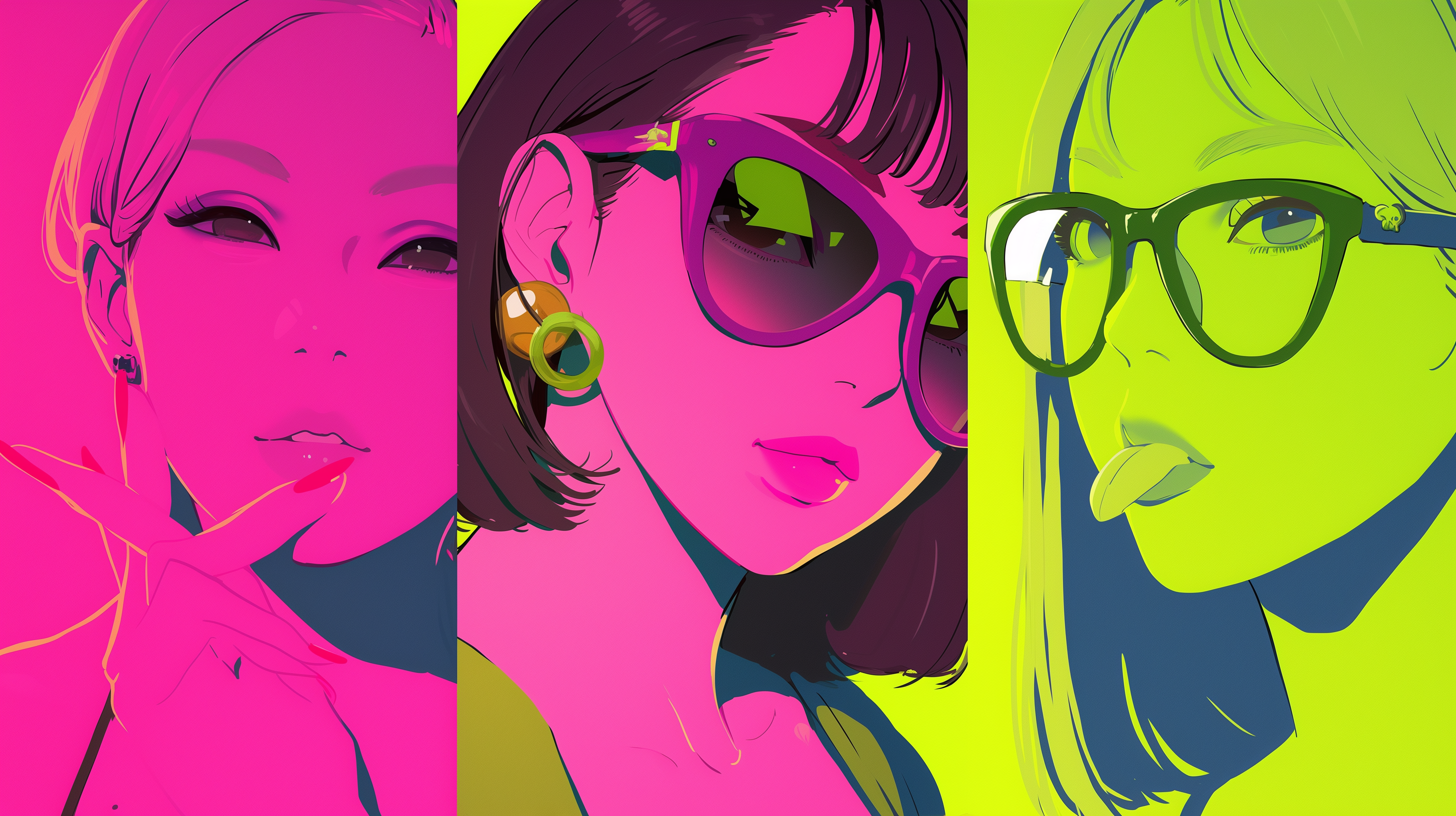 A vibrant digital artwork features three stylized women with colorful hair and sunglasses, set against a bright neon background, showcasing a cool and fashionable aesthetic.