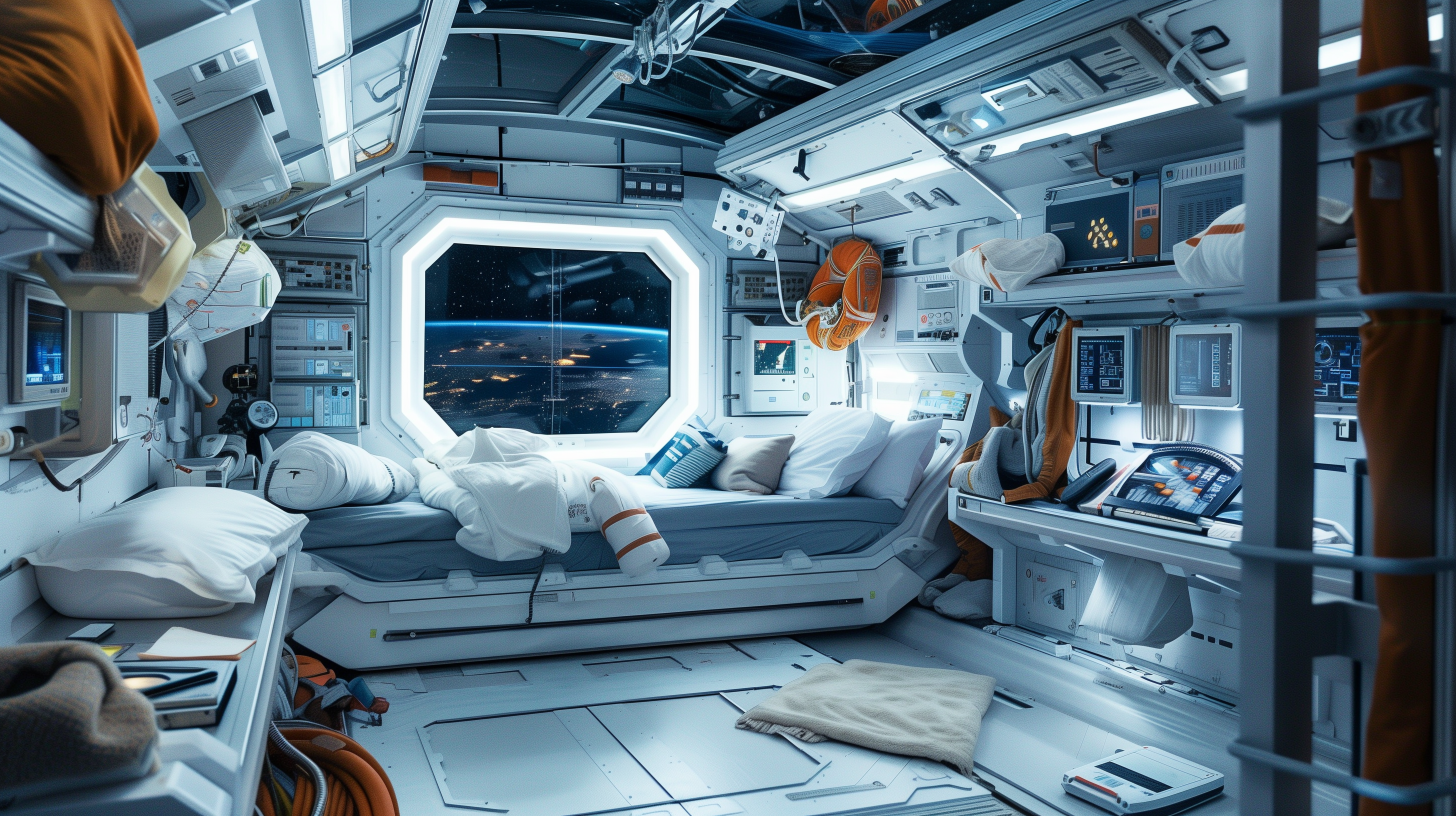 A high-definition desktop wallpaper showing the sci-fi interior of a space station, with a futuristic design, a bunk bed, lots of equipment, and a large window overlooking the cosmos.