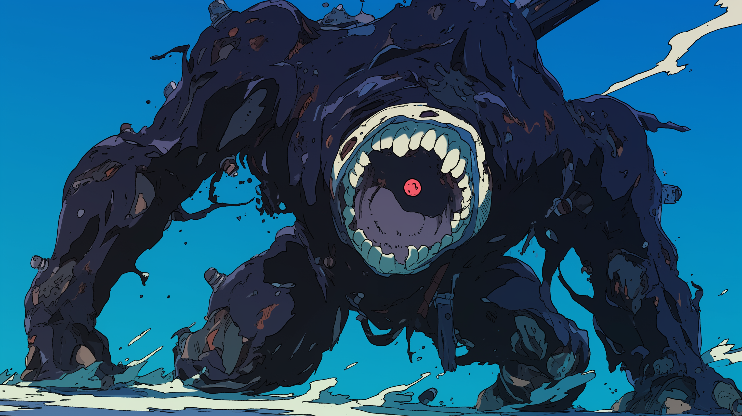 This HD desktop wallpaper features an anime-style monstrous creature composed of dark sludge, standing aggressively with its mouth wide open, set against a bright blue sky background.