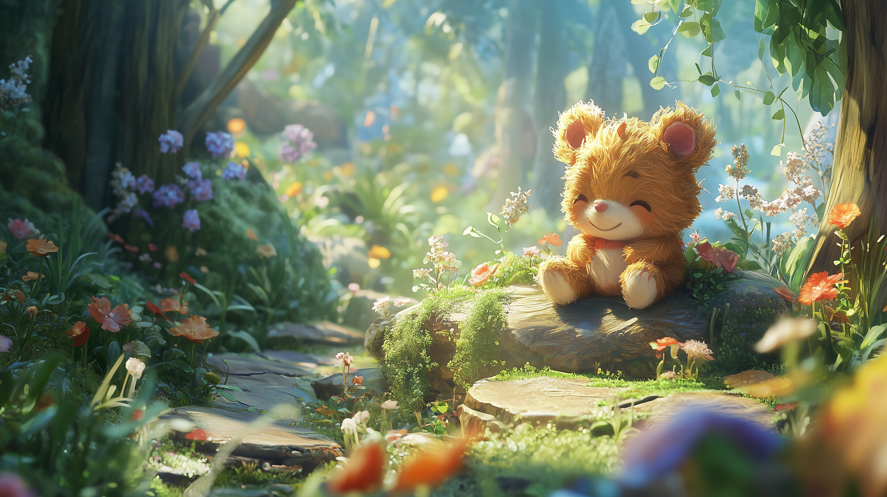 A cute teddy bear sits happily on a moss-covered rock, surrounded by vibrant flowers and soft sunlight filtering through lush greenery in a serene forest setting.