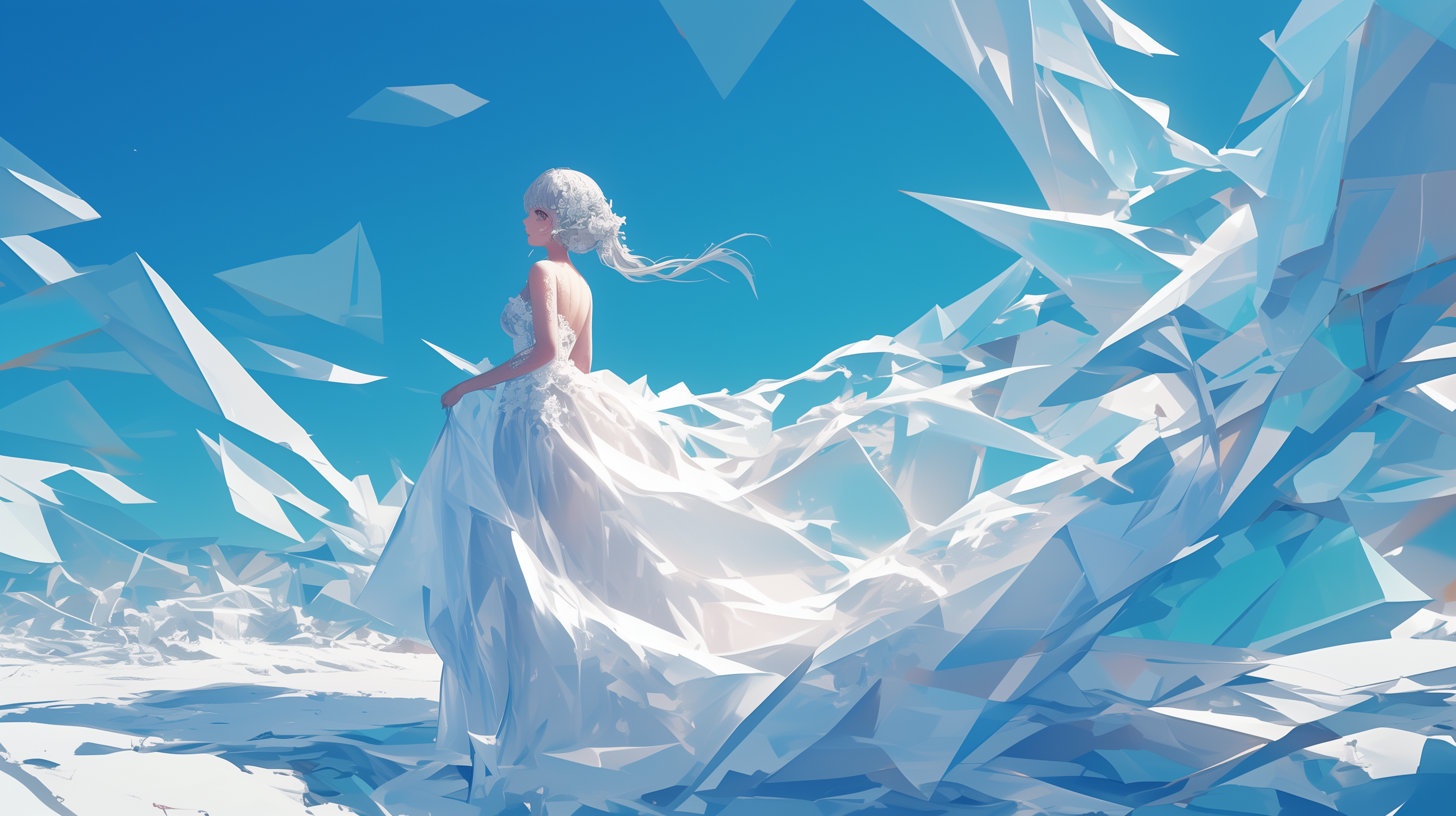 Anime girl in a white dress standing amidst abstract, crystal-like shards against a bright blue sky. HD desktop wallpaper.