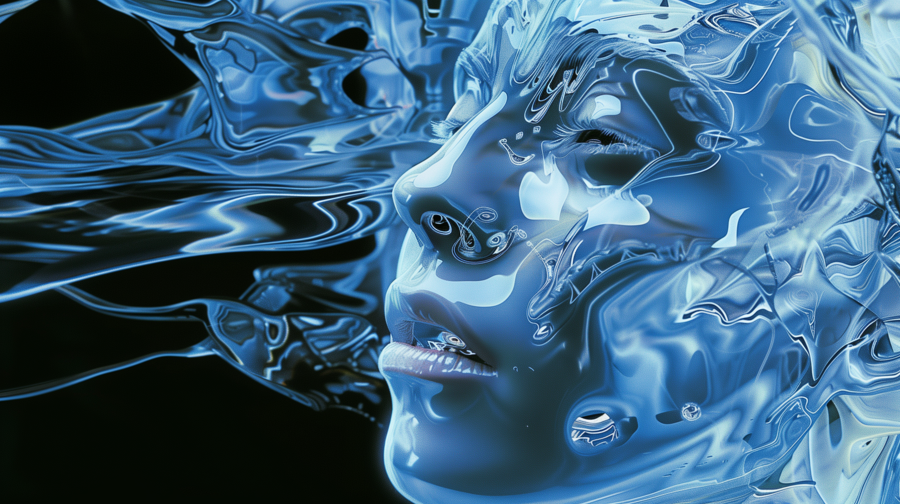 A close-up of a woman's face submerged in abstract, liquid-like blue tones, showcasing an artistic blend of cool colors and smooth textures.