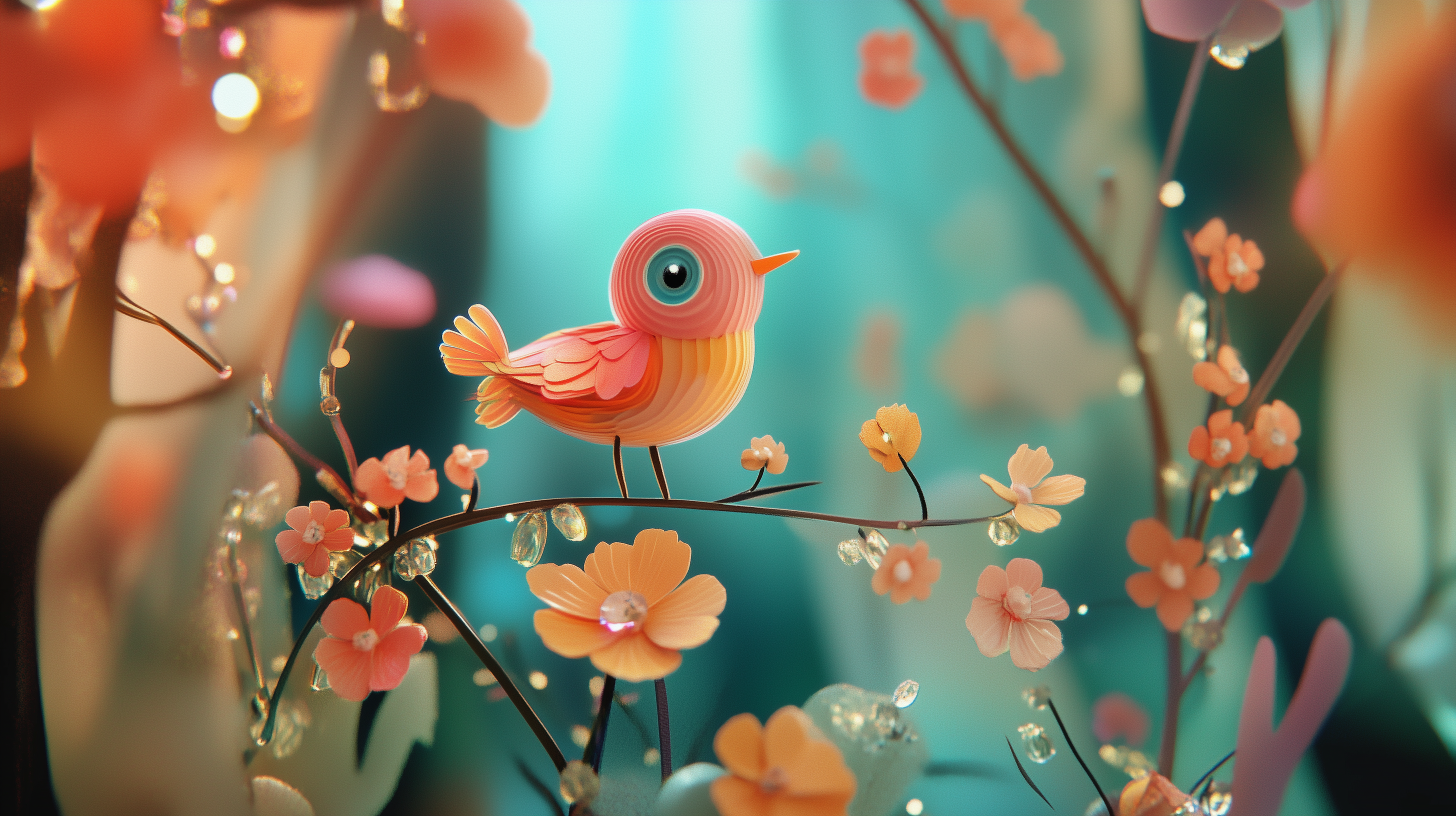 A cute, stylized bird with large eyes perches on a delicate branch adorned with colorful flowers and soft lighting, creating a whimsical, enchanting scene.