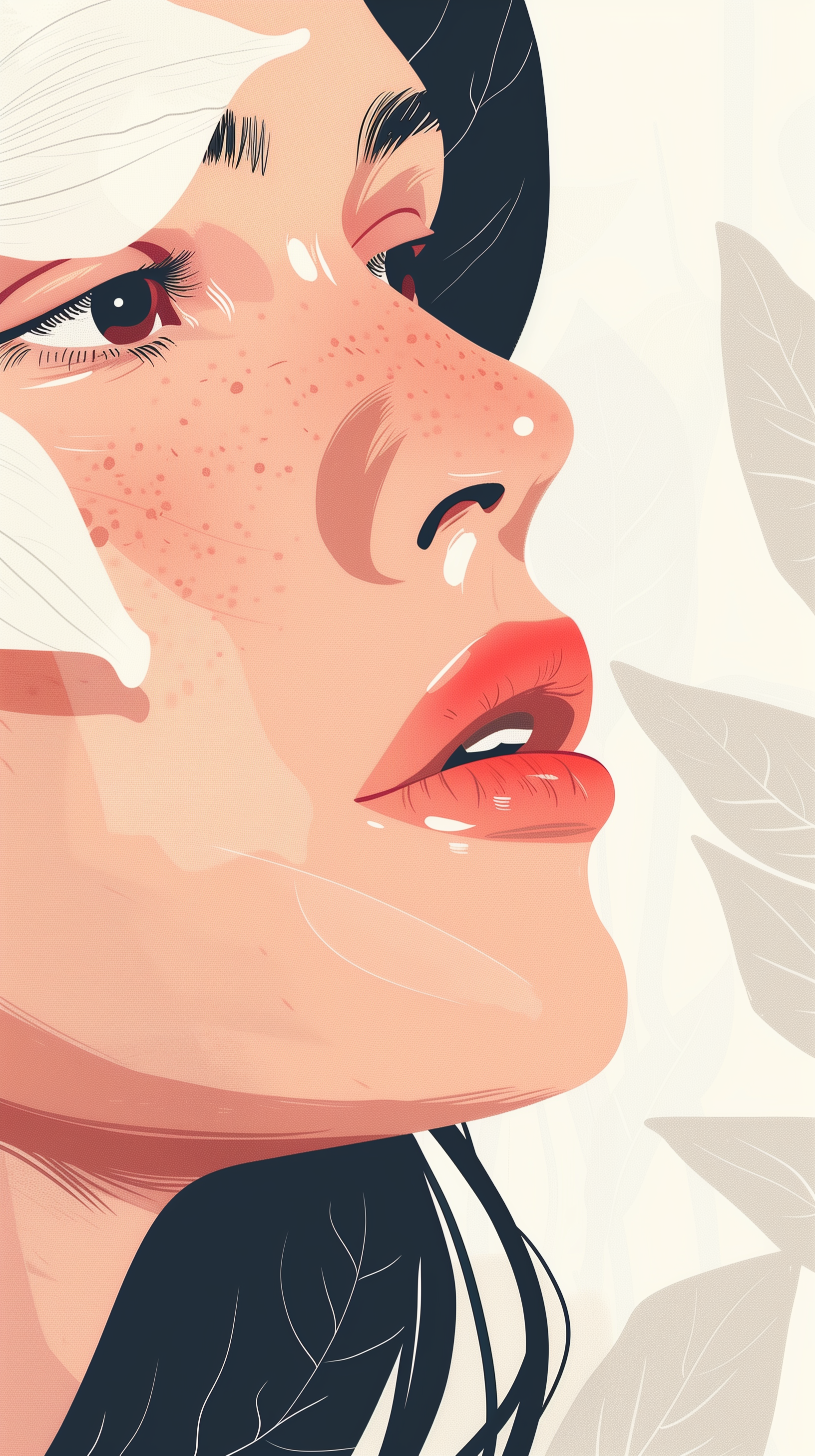 Artistic illustration of a preppy woman with red lips and freckles, set against a soft background, designed for HD Phone/iPhone Wallpaper.