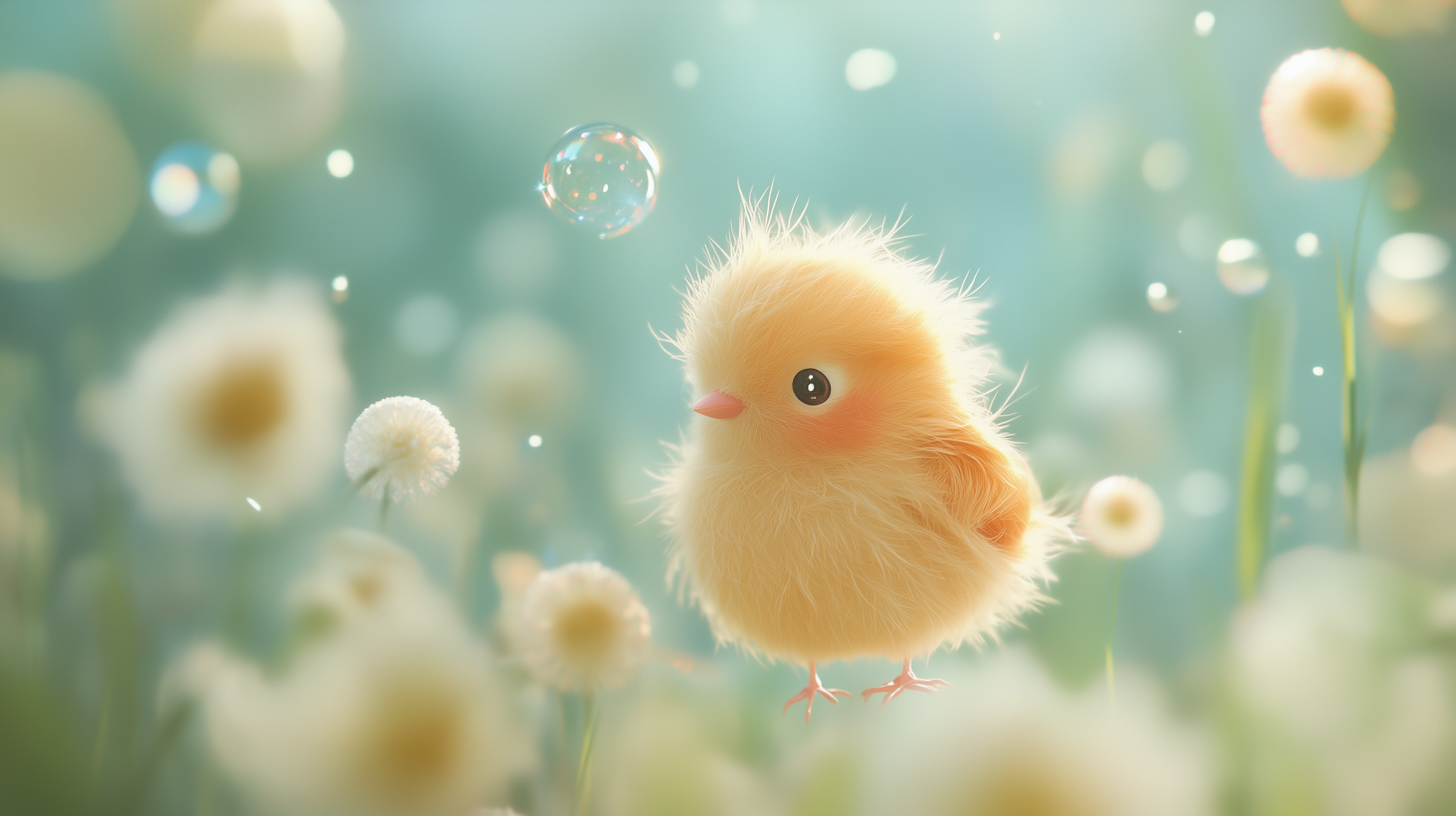 A cute, fluffy yellow chick stands among soft, white flowers, with bubbles floating in the serene, softly blurred background, creating a whimsical and cheerful scene.