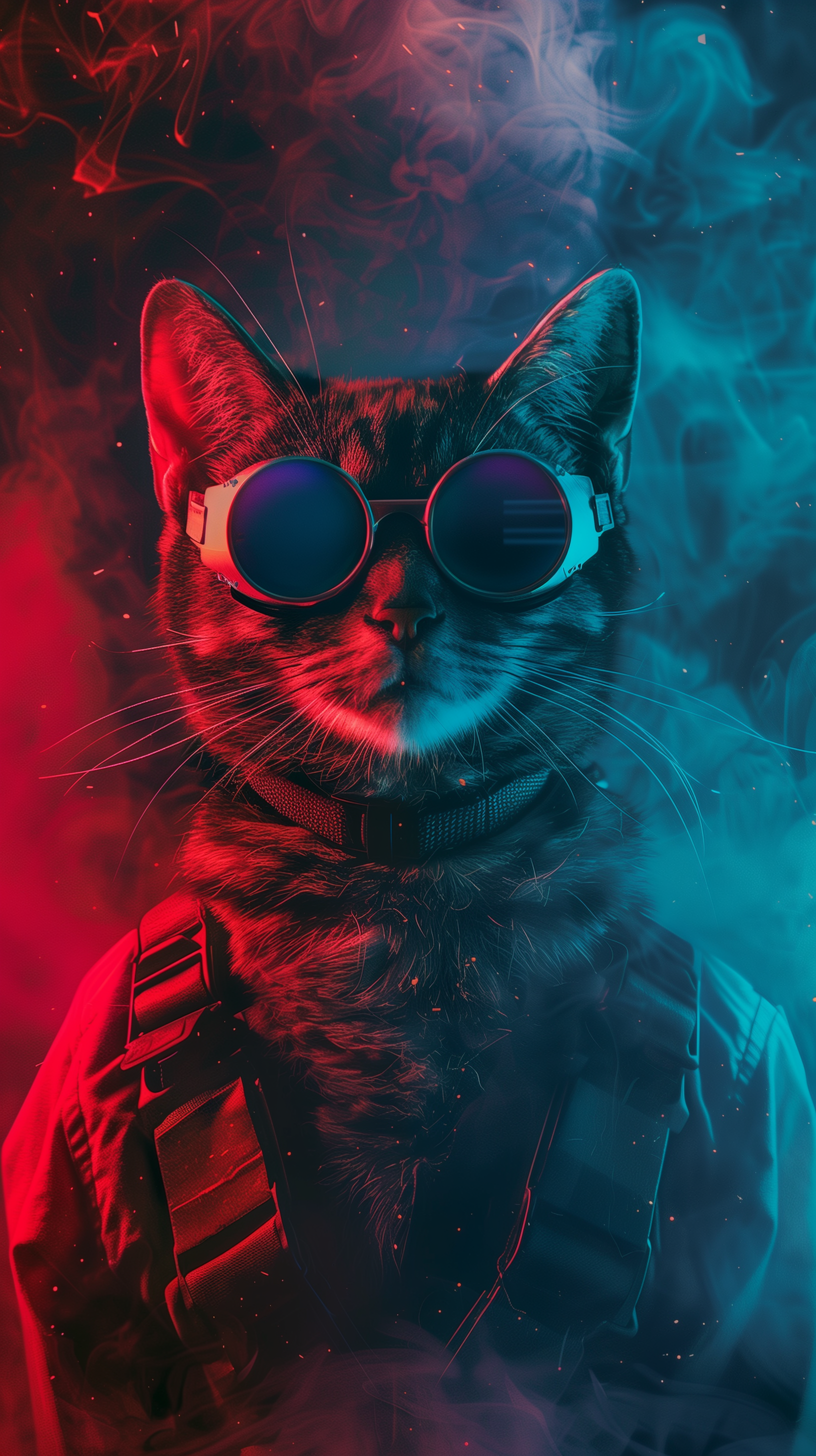 A cool cat wearing a tactical vest and round sunglasses, surrounded by red and blue smoke. HD Phone/iPhone Wallpaper.