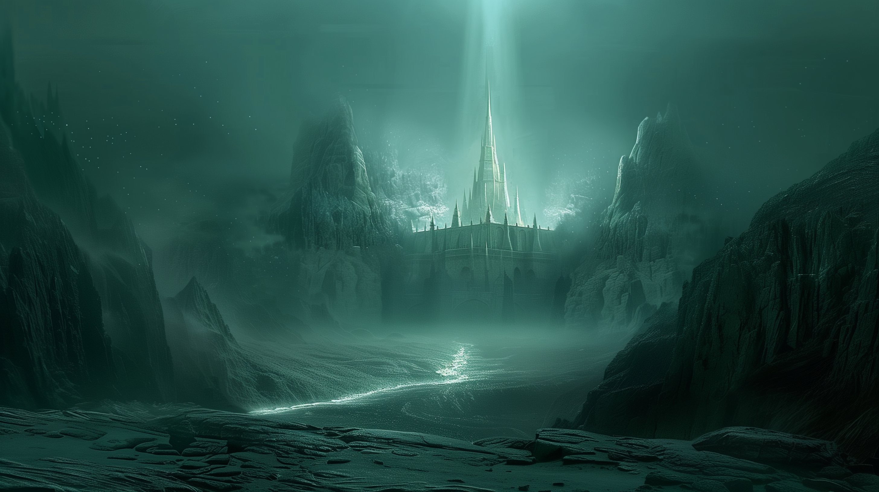 A fantasy scene of a citadel, surrounded by dramatic mountainous terrain, with a beam of light illuminating the central castle. The atmosphere is dark and mystical, creating an otherworldly setting. HD Desktop Wallpaper.