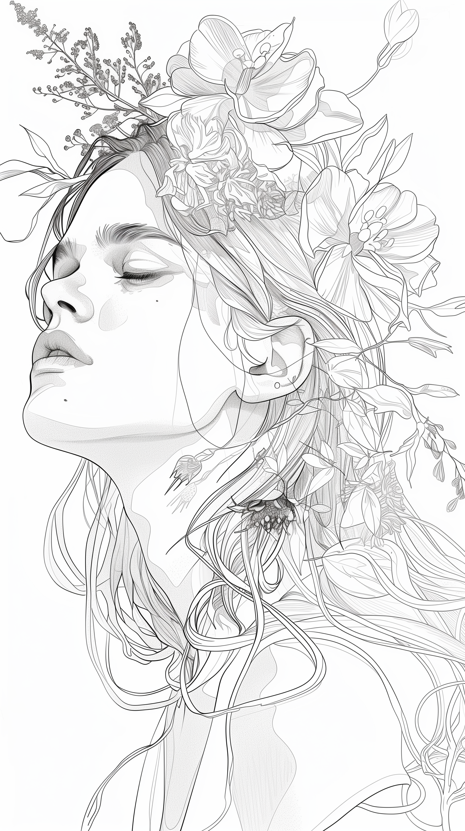 Black and white line art of a woman with flowers in her hair, set against a plain background. Suitable as HD phone/iPhone wallpaper.