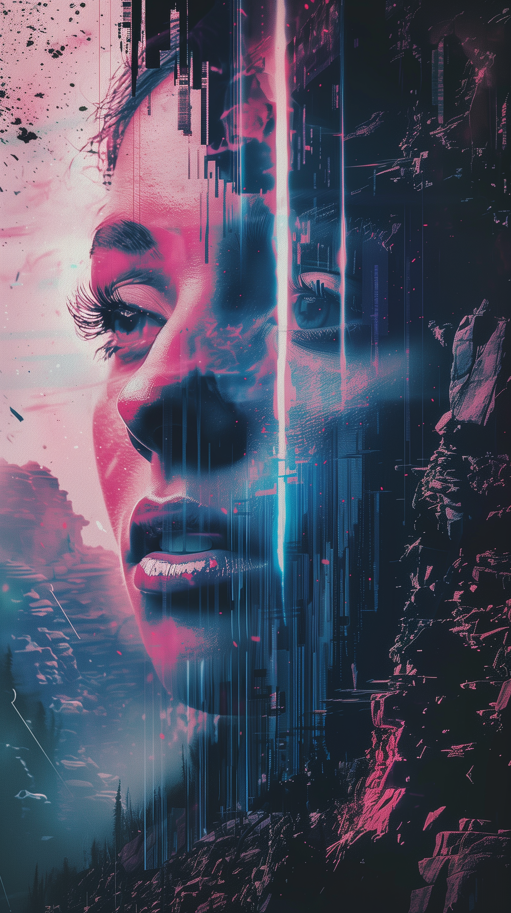 Abstract HD iPhone wallpaper featuring a woman's face with a striking glitch effect, merging digital and natural elements seamlessly.