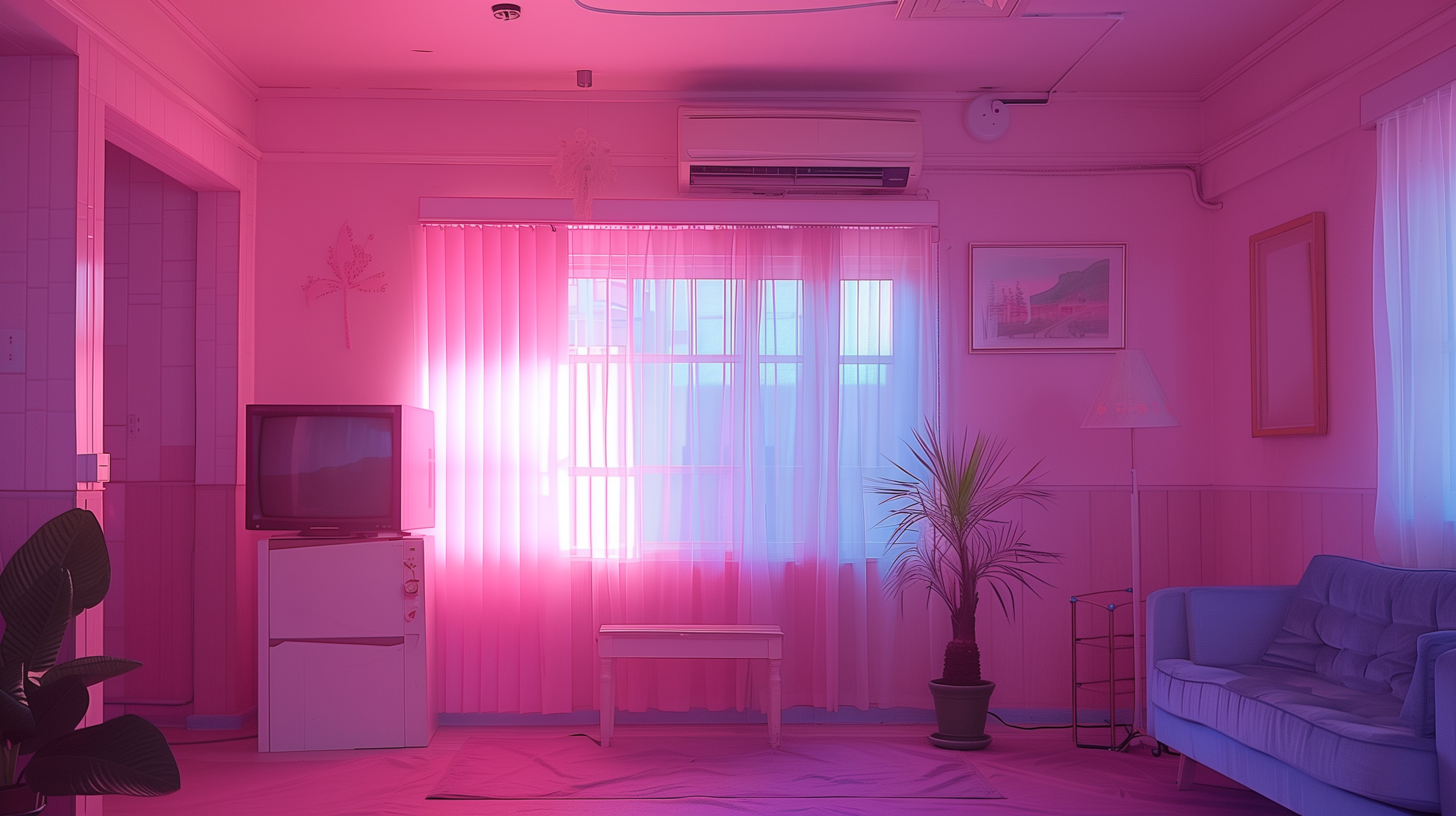 A room with a pink aesthetic featuring a TV on a stand, a plant, sofa, and large window with blinds allowing natural light to enter. The interior has a serene ambiance.