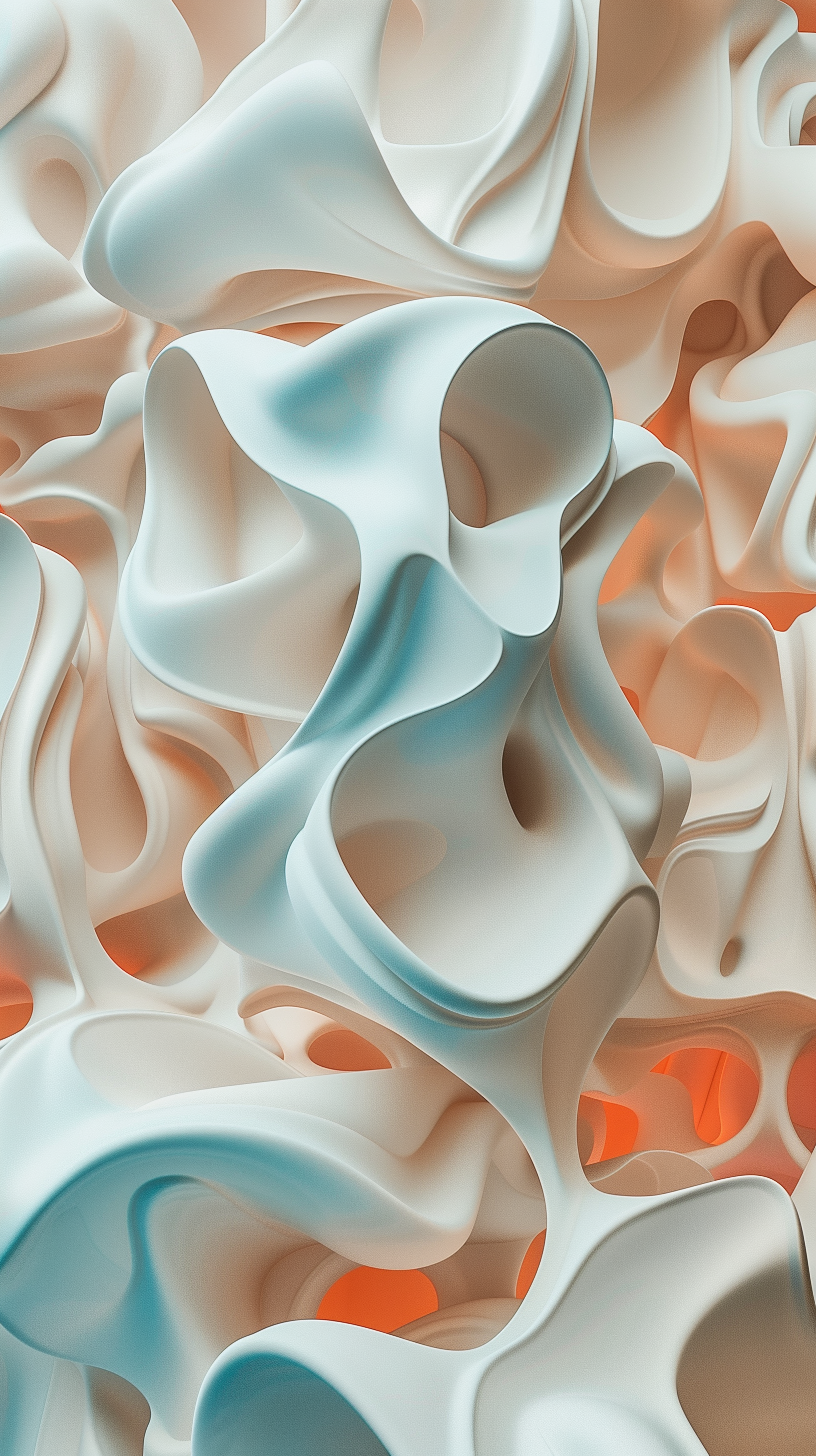 Abstract HD wallpaper for iPhone featuring intricate white and cream-colored shapes with soft blue hues and orange accents.