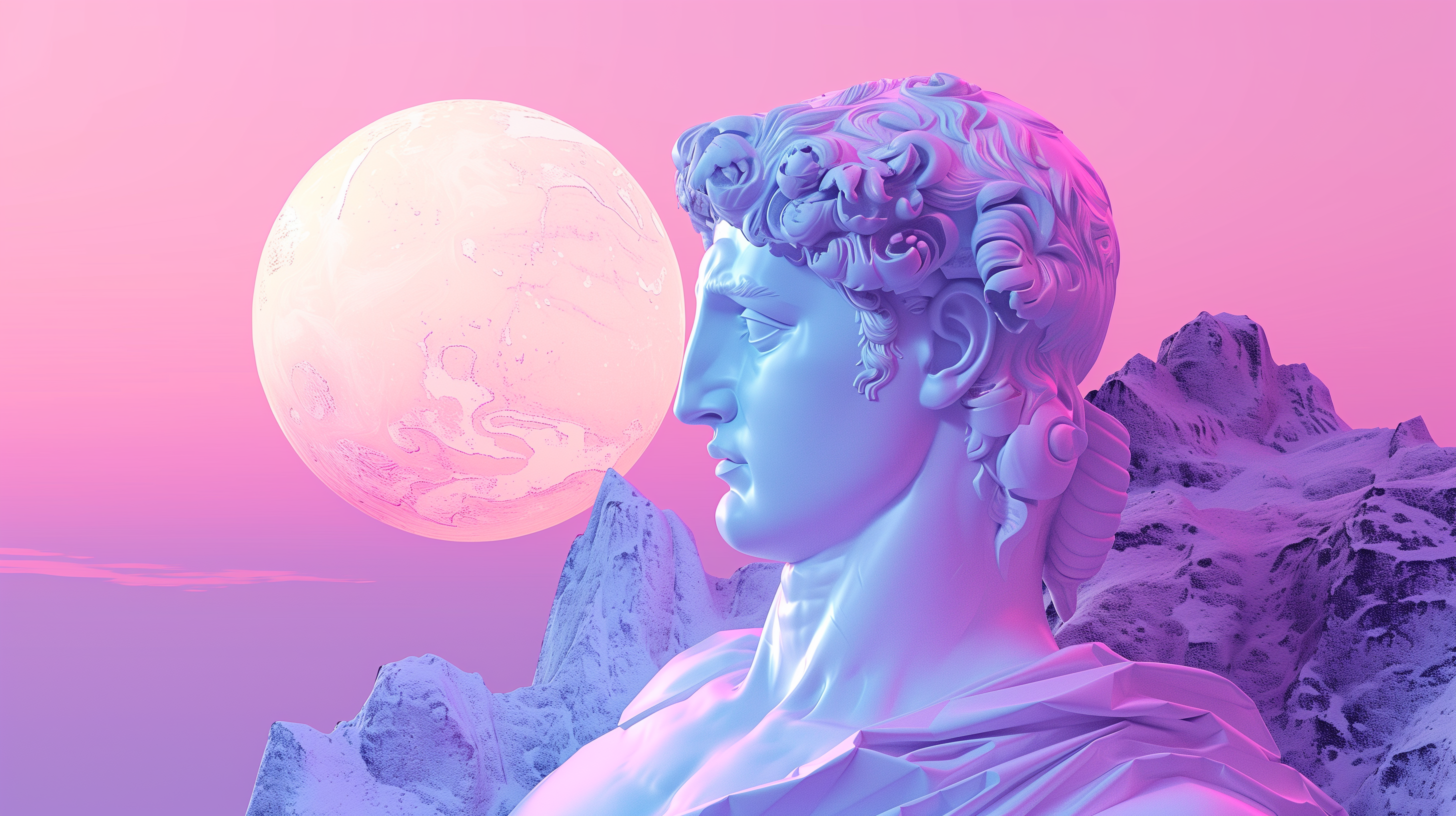 A vaporwave HD desktop wallpaper featuring a classical statue with a pastel pink and purple color scheme, set against a surreal background with mountains and a large glowing moon.