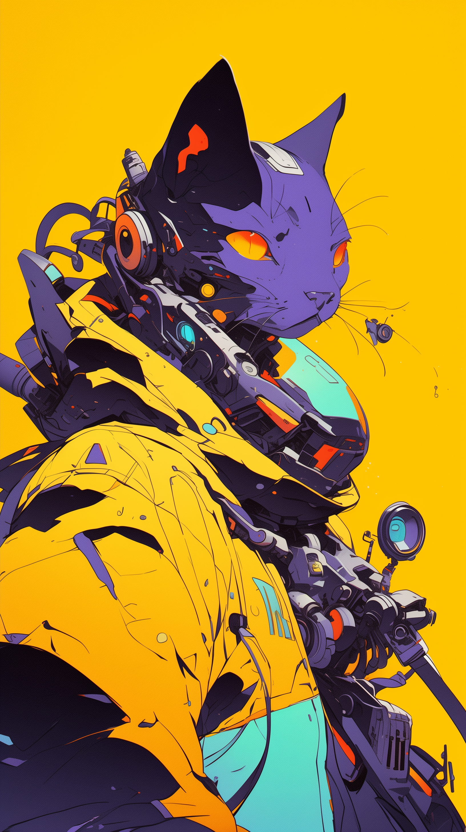 A vibrant sci-fi themed iPhone wallpaper featuring a cool, futuristic cat in high-tech gear set against a striking yellow background.