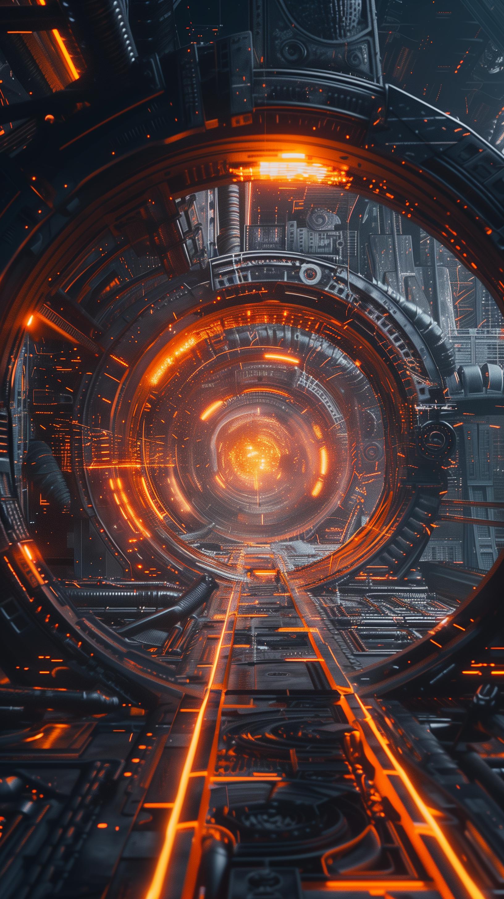 A sci-fi themed HD phone wallpaper featuring a futuristic portal with glowing orange elements and intricate technological designs.