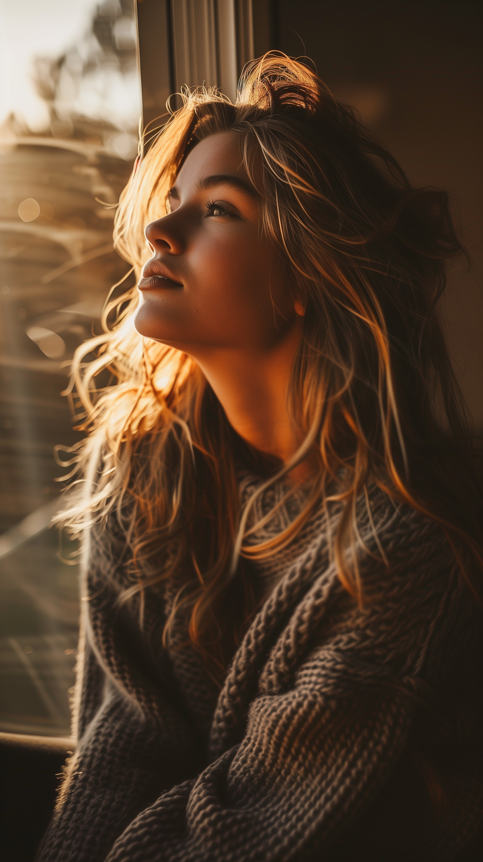 A preppy woman gazes thoughtfully out a sunlit window, bathed in warm, golden light. This HD iPhone wallpaper captures a serene, contemplative mood.