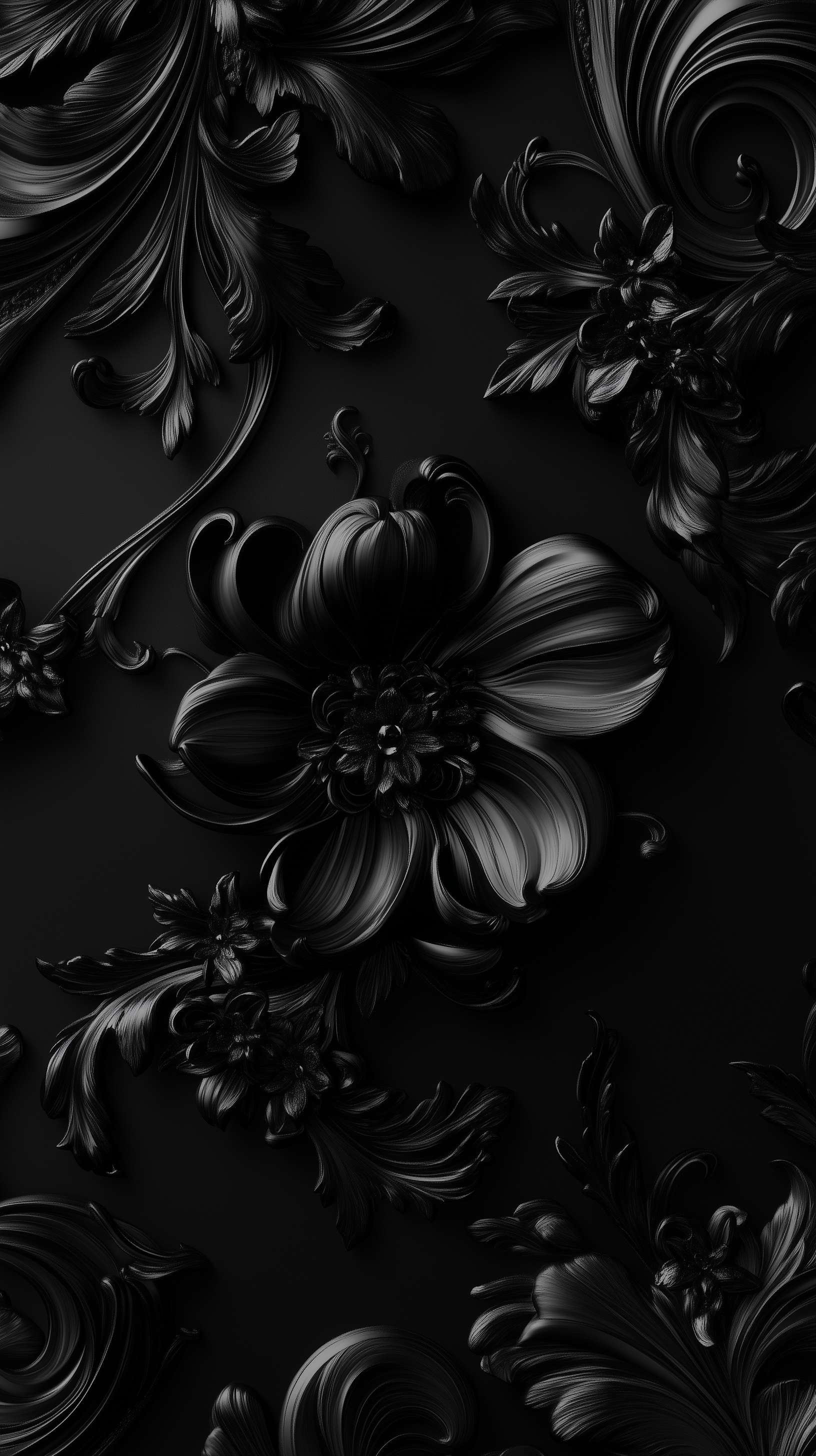 A detailed black wallpaper design featuring intricate floral and swirl patterns, showcasing a rich texture and elegant style, perfect for an HD phone or iPhone background.