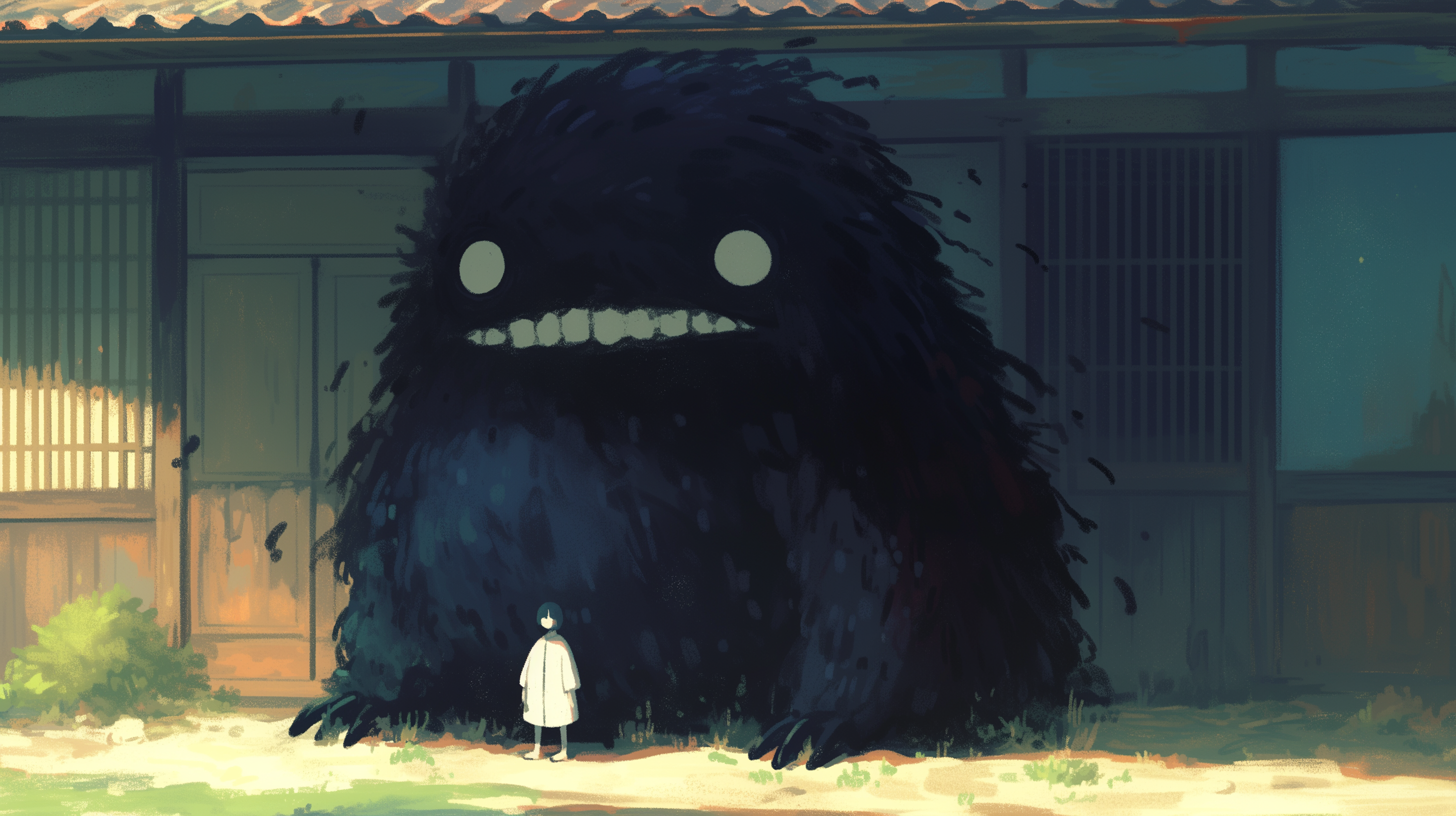 An anime-style HD wallpaper featuring a massive, dark monster with glowing eyes and a wide, toothy grin, standing in front of a traditional building, interacting with a small, cloaked figure.