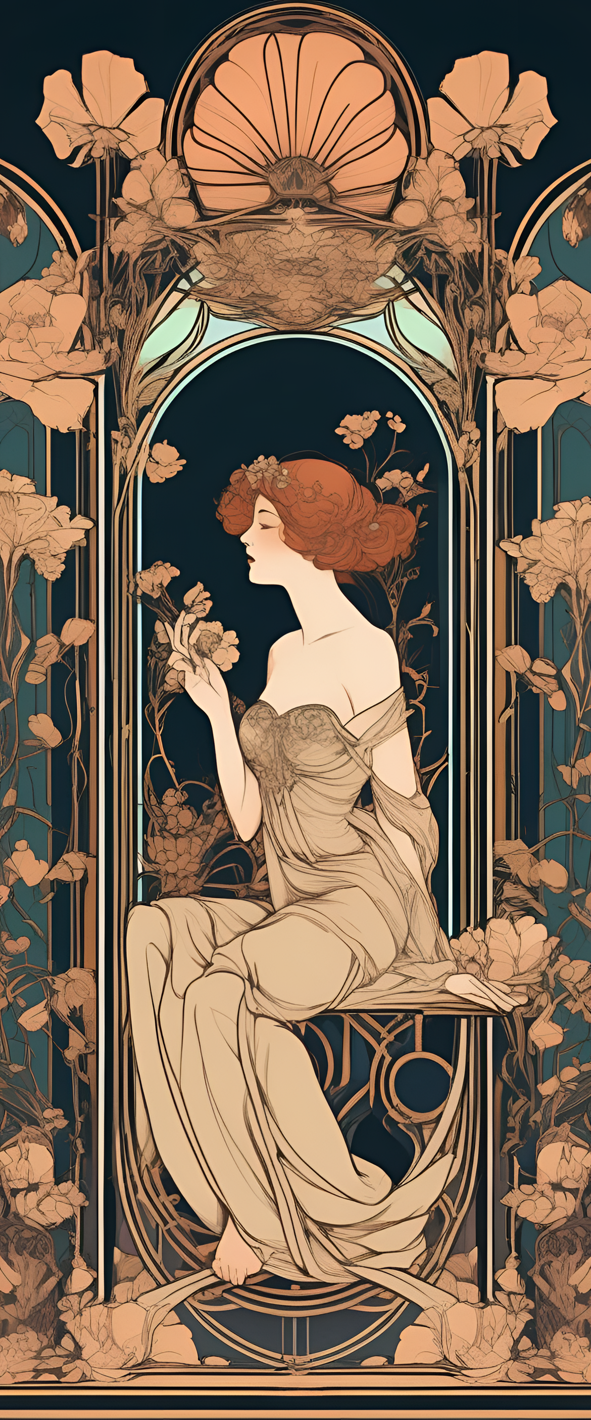 Art nouveau-inspired floral wallpaper with a modern aesthetic.