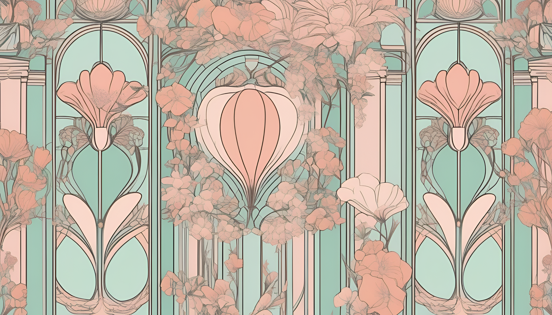 Pastel Art Nouveau wallpaper with intricate designs and gentle color palette.