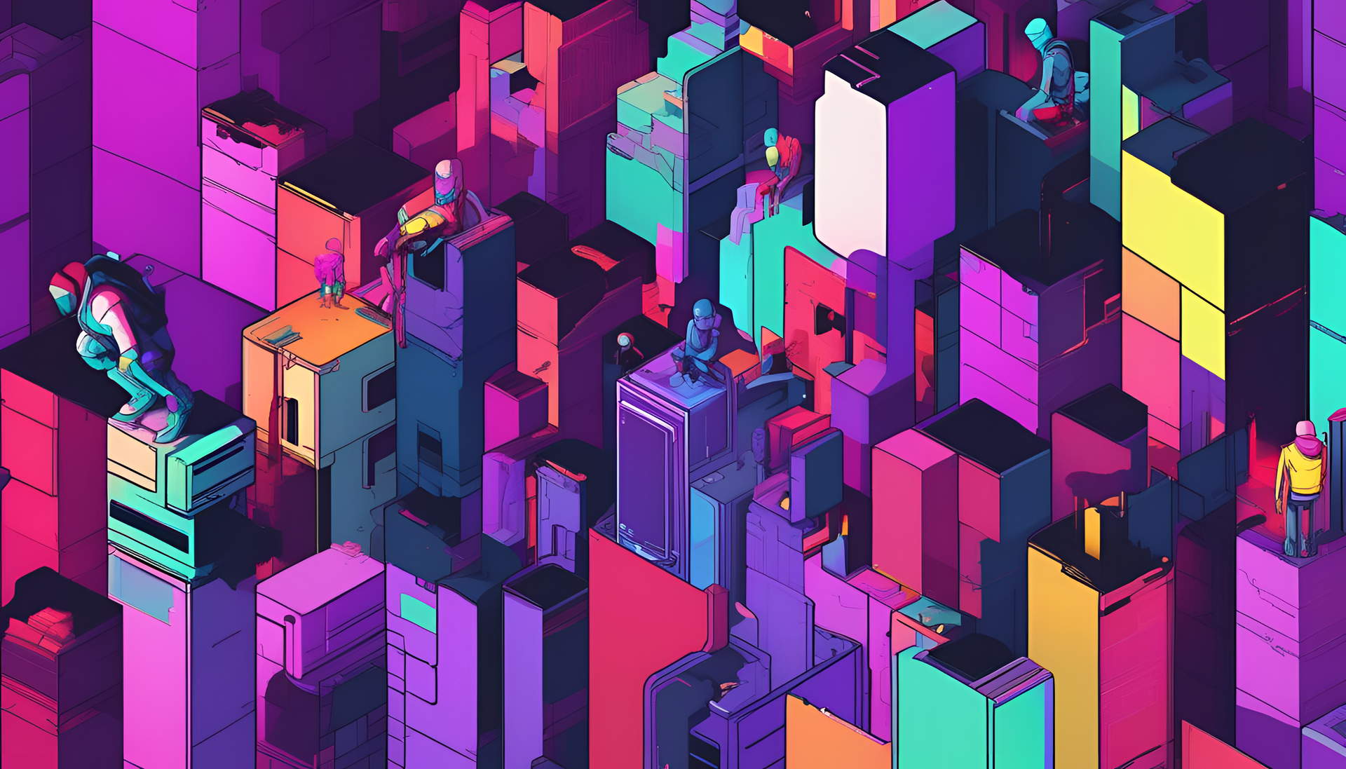 Abstract glitched artwork featuring Among Us characters in vibrant colors.