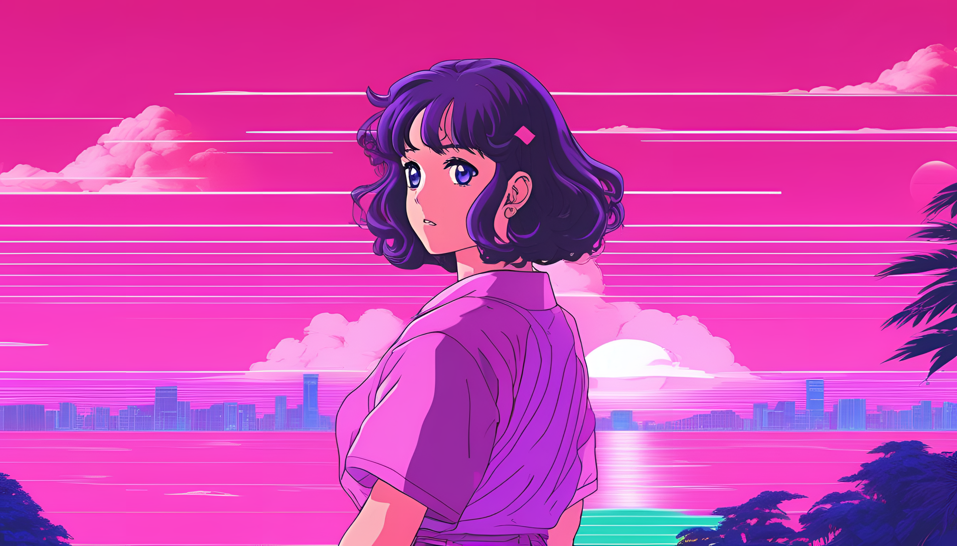 Vibrant vaporwave anime wallpaper.