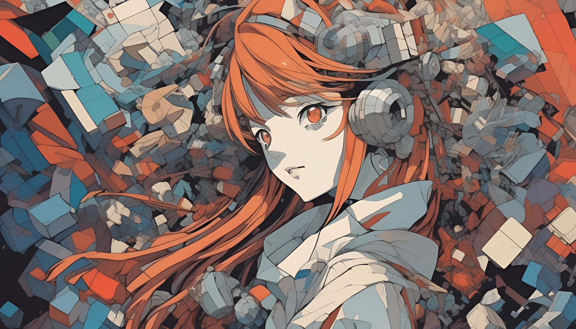 Colorful, abstract anime-inspired artwork featuring intricate, detailed cubist style.