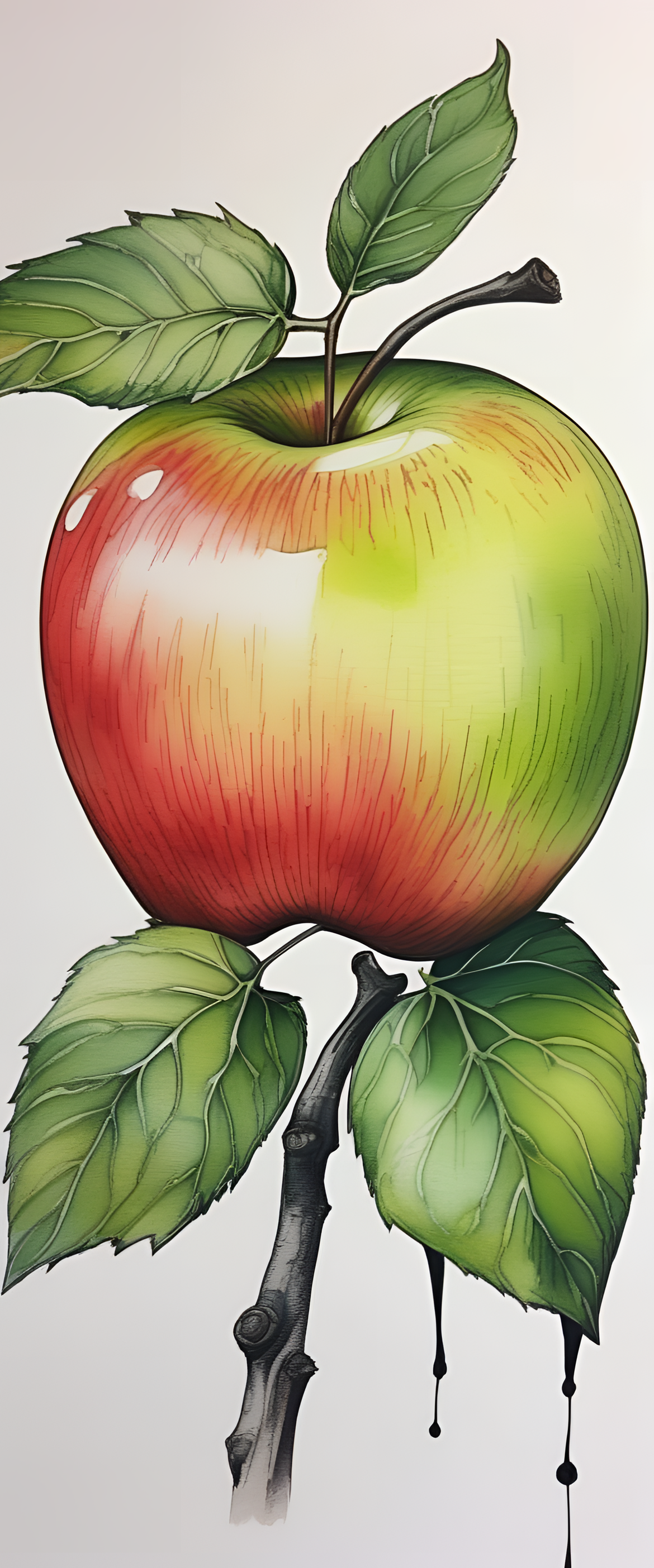 Vibrant watercolor apple with intricate ink pen outline.