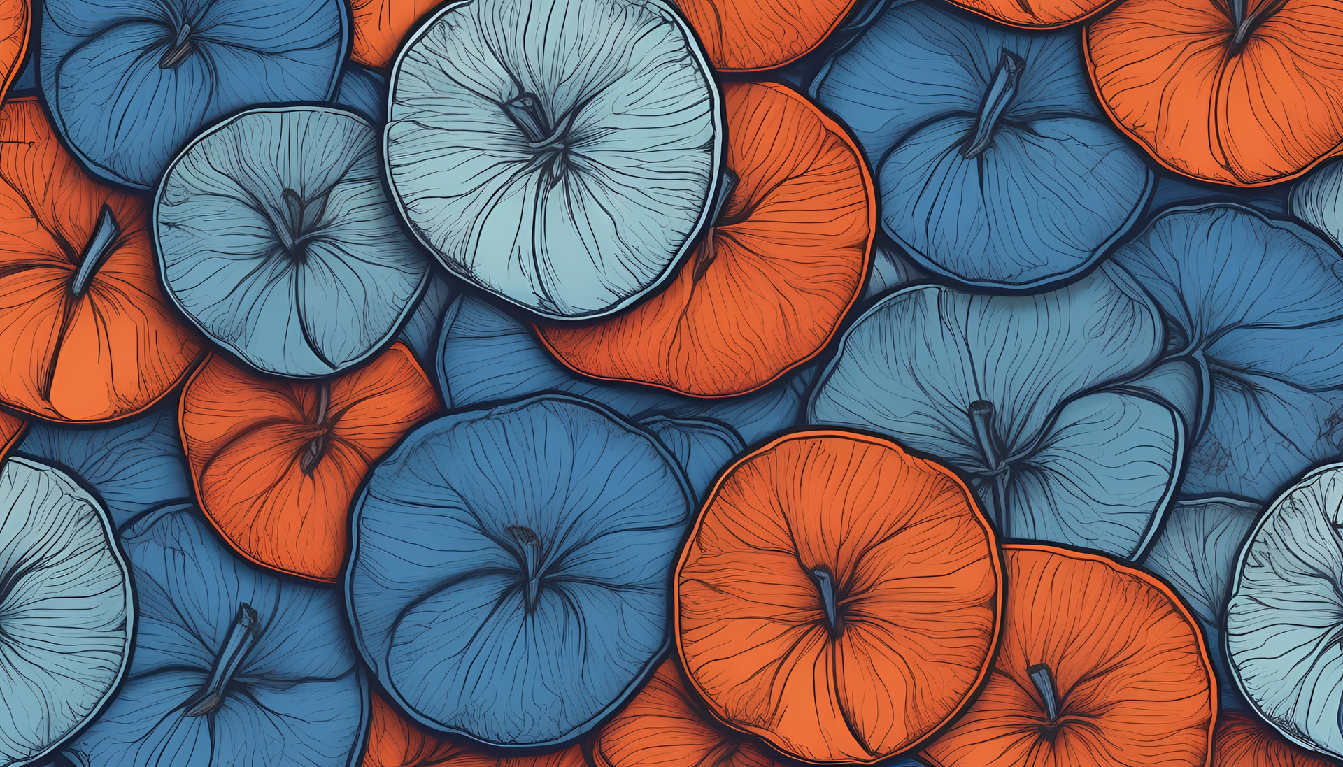 Vibrant blue and orange apple wallpaper with intricate details.