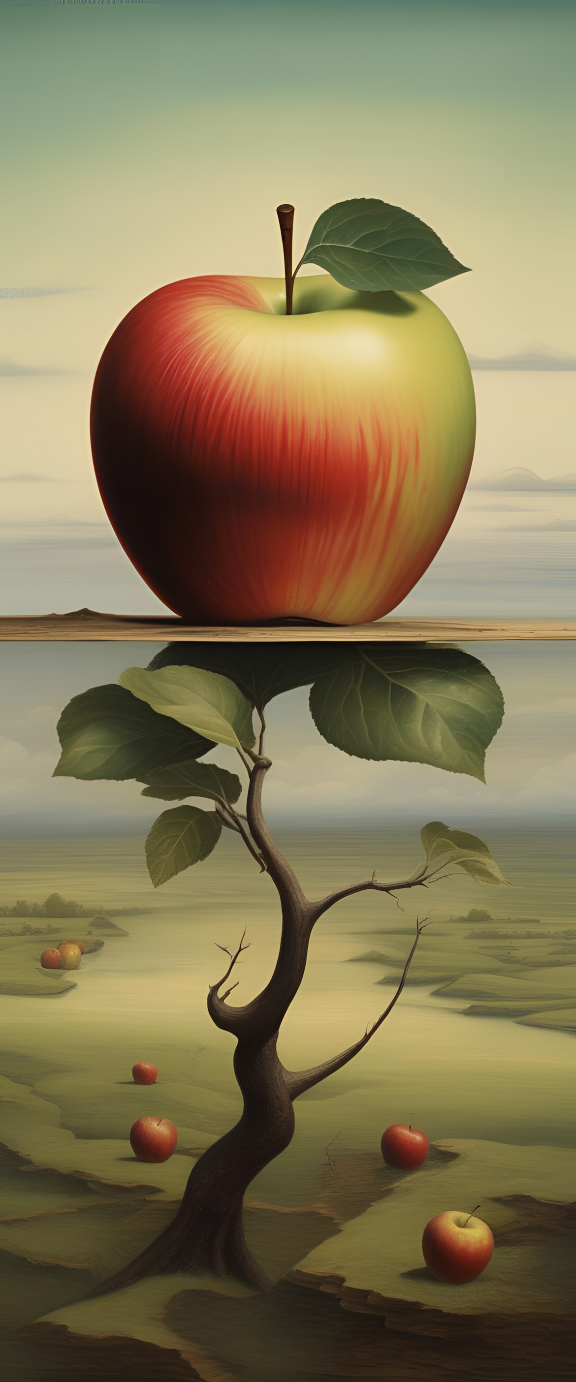 Colorful, surreal apple artwork on a phone wallpaper.