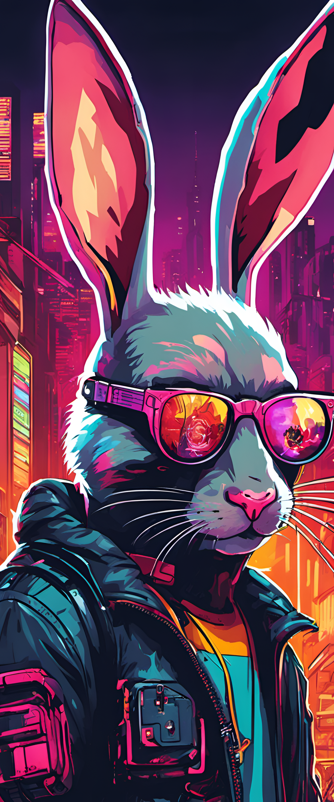 Cyberpunk-inspired artwork of Bad Bunny with vibrant colors and abstract style.