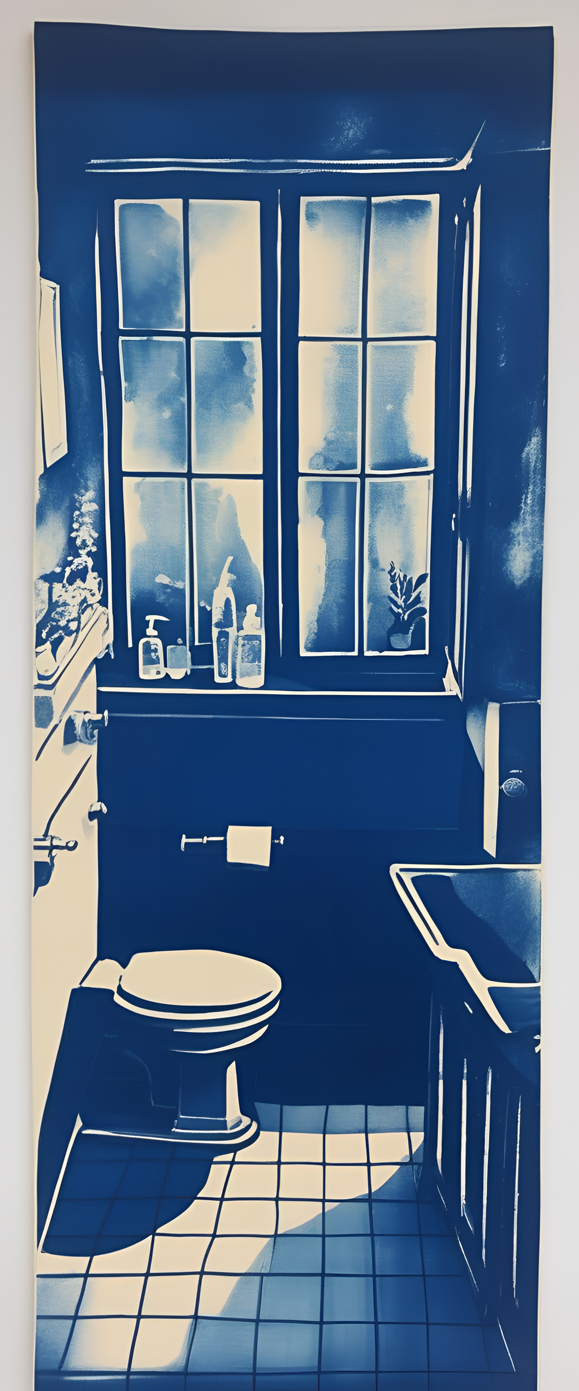 Cyanotype bathroom wallpaper with an intricate geometric pattern.