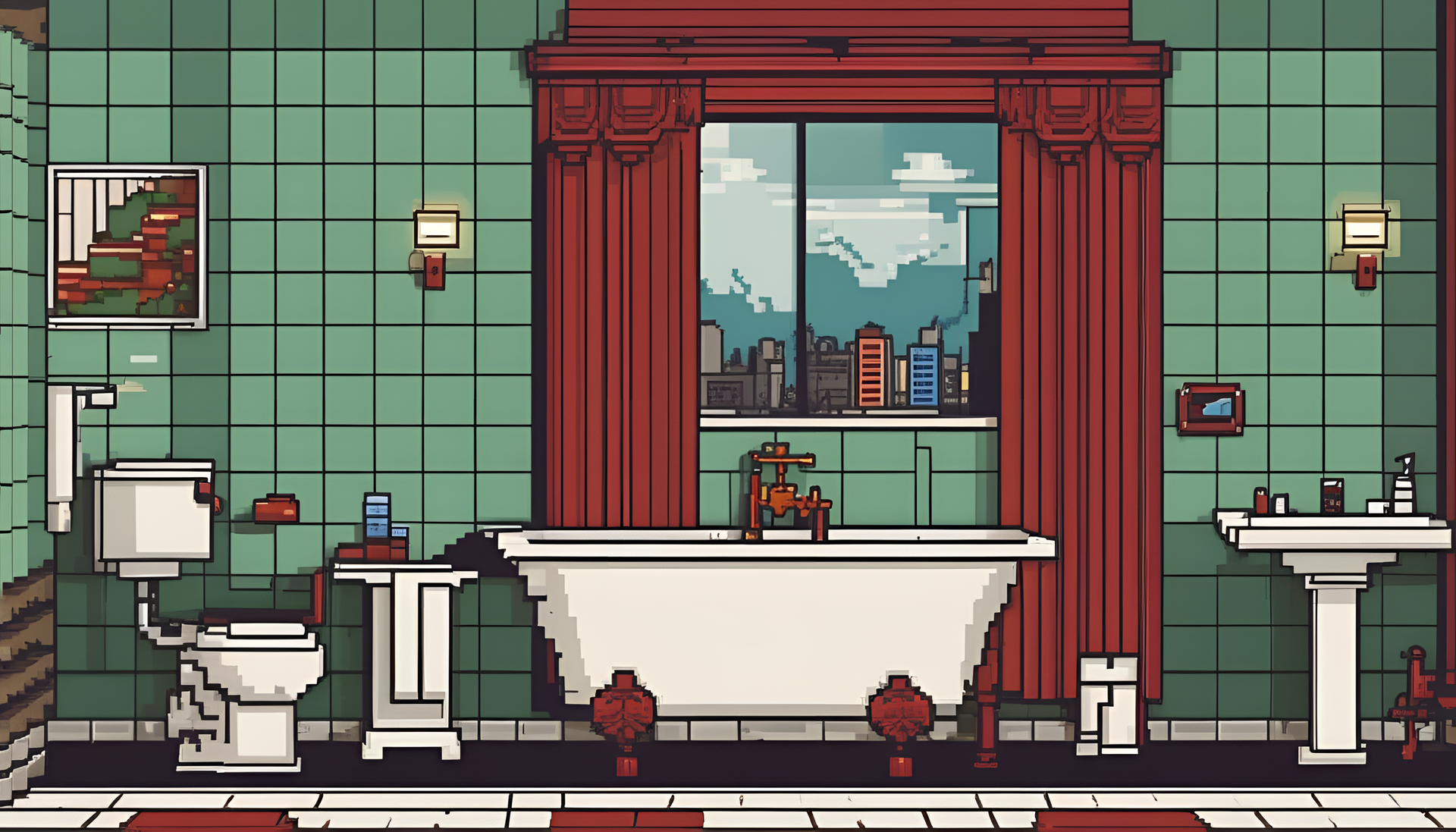 8-bit bathroom wallpaper with retro pixelated design.