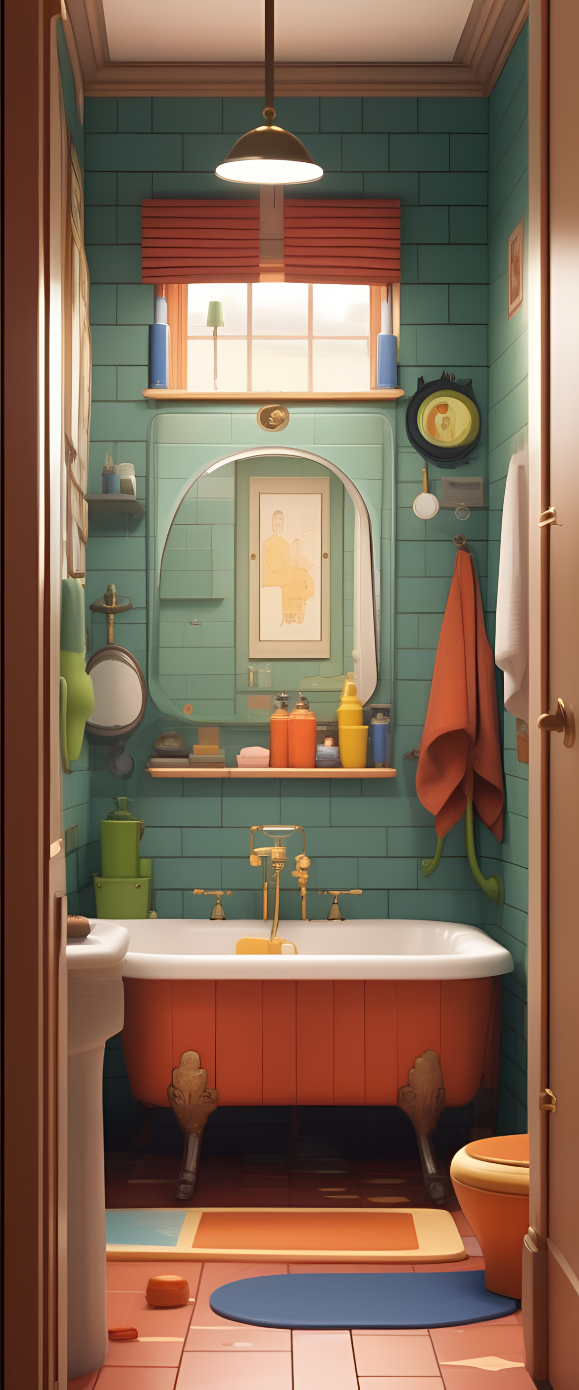 Colorful and detailed bathroom scene reminiscent of Pixar animation.