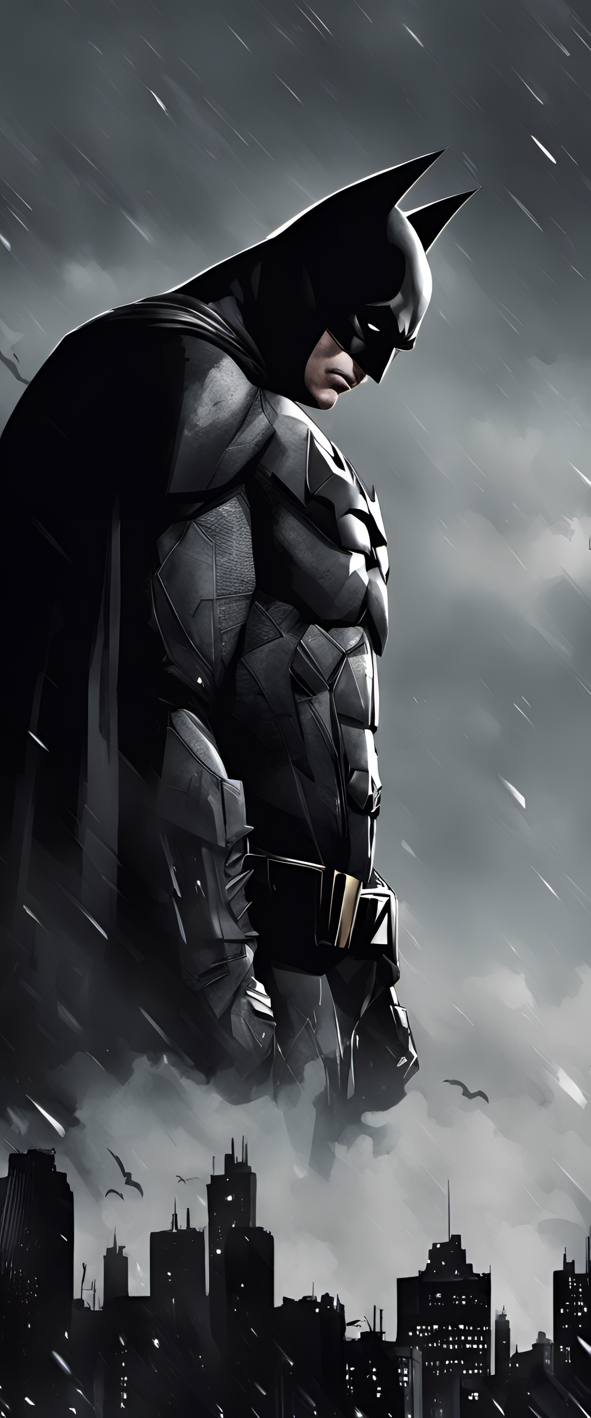 Batman standing alone in the shadows, looking somber and introspective.