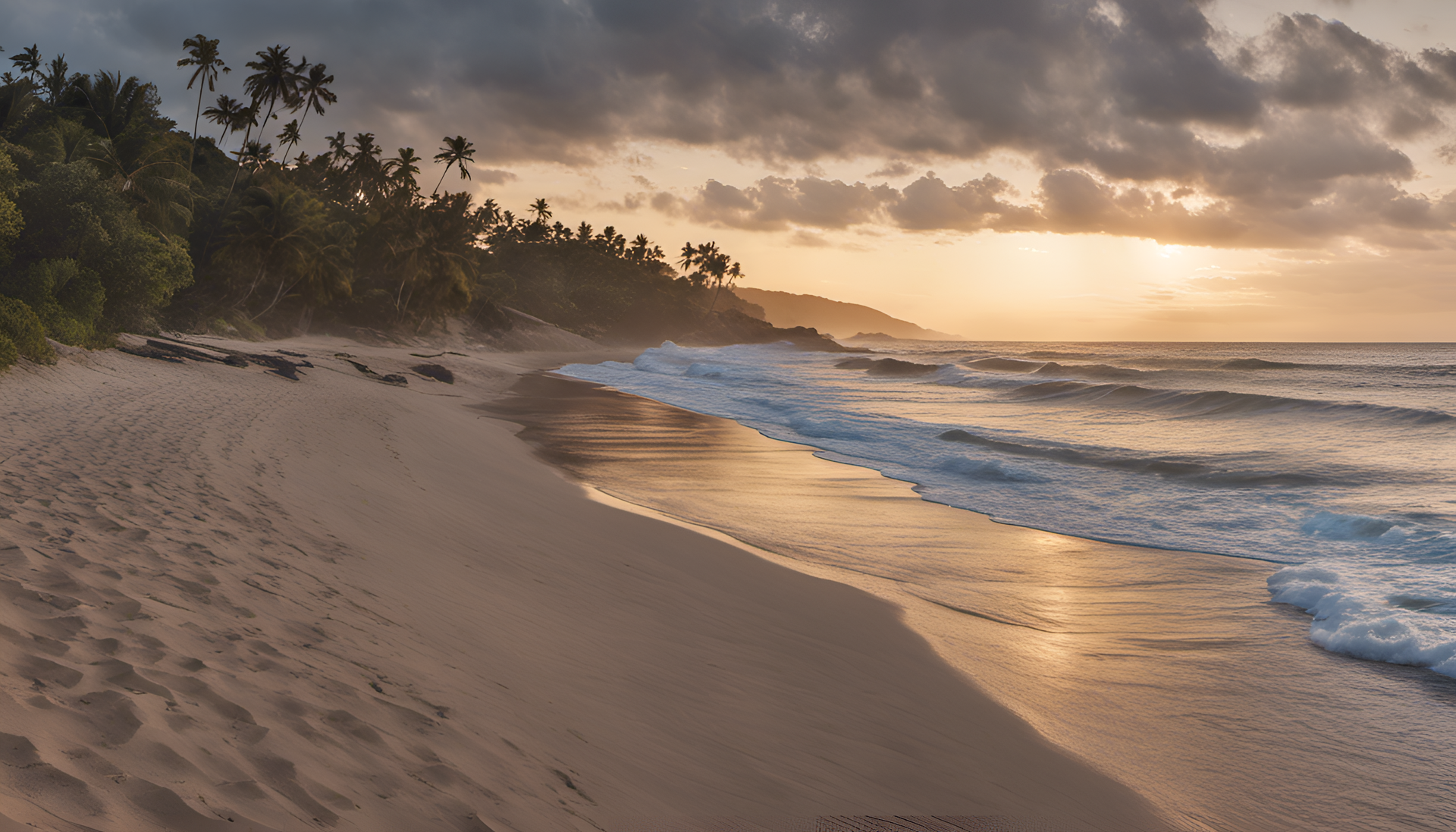 Soothing ocean waves crashing on a sandy beach, creating a sense of tranquility.